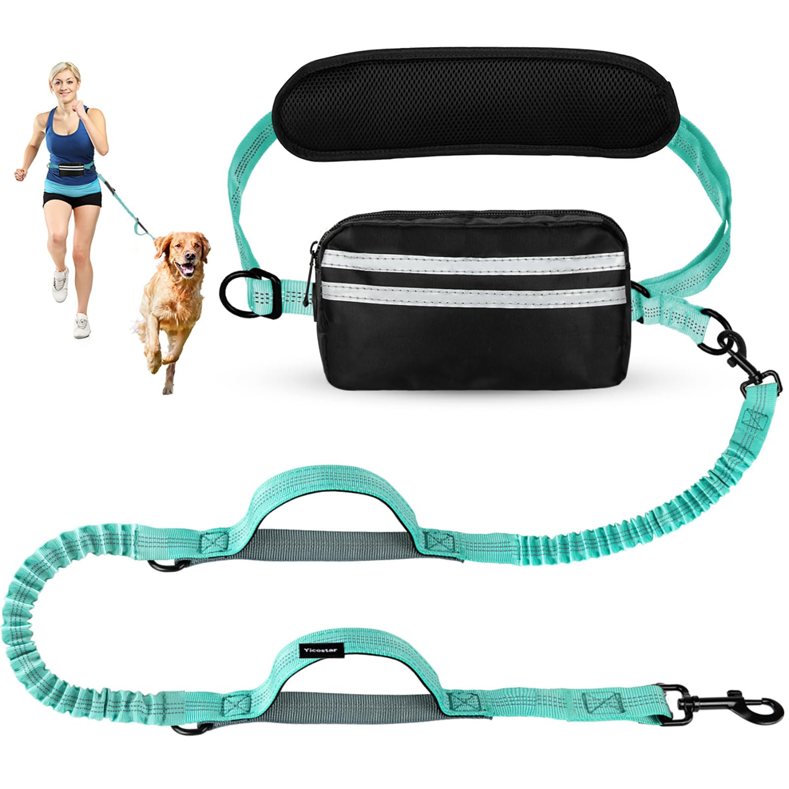 Yicostar Hands Free Dog Leash, Retractable Bungee With Double Padded Handles, Waist Leash For Dog Walking, Heavy Duty Dog Leash 