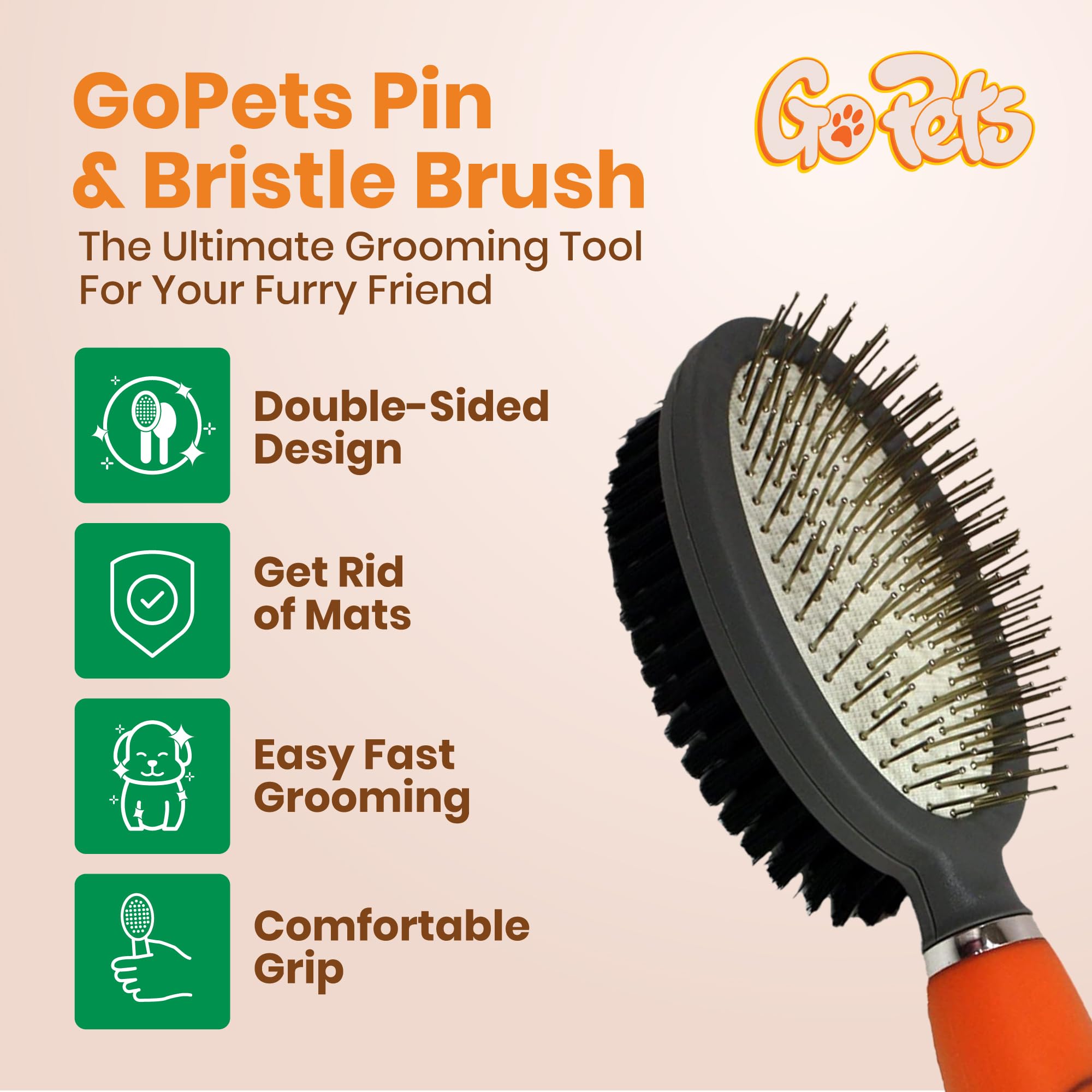 GoPets Double-Sided Dog & Cat Brush, Medium, Orange and Grey, Plastic, Removes Shedding Fur & Mats, Ergonomic Handle