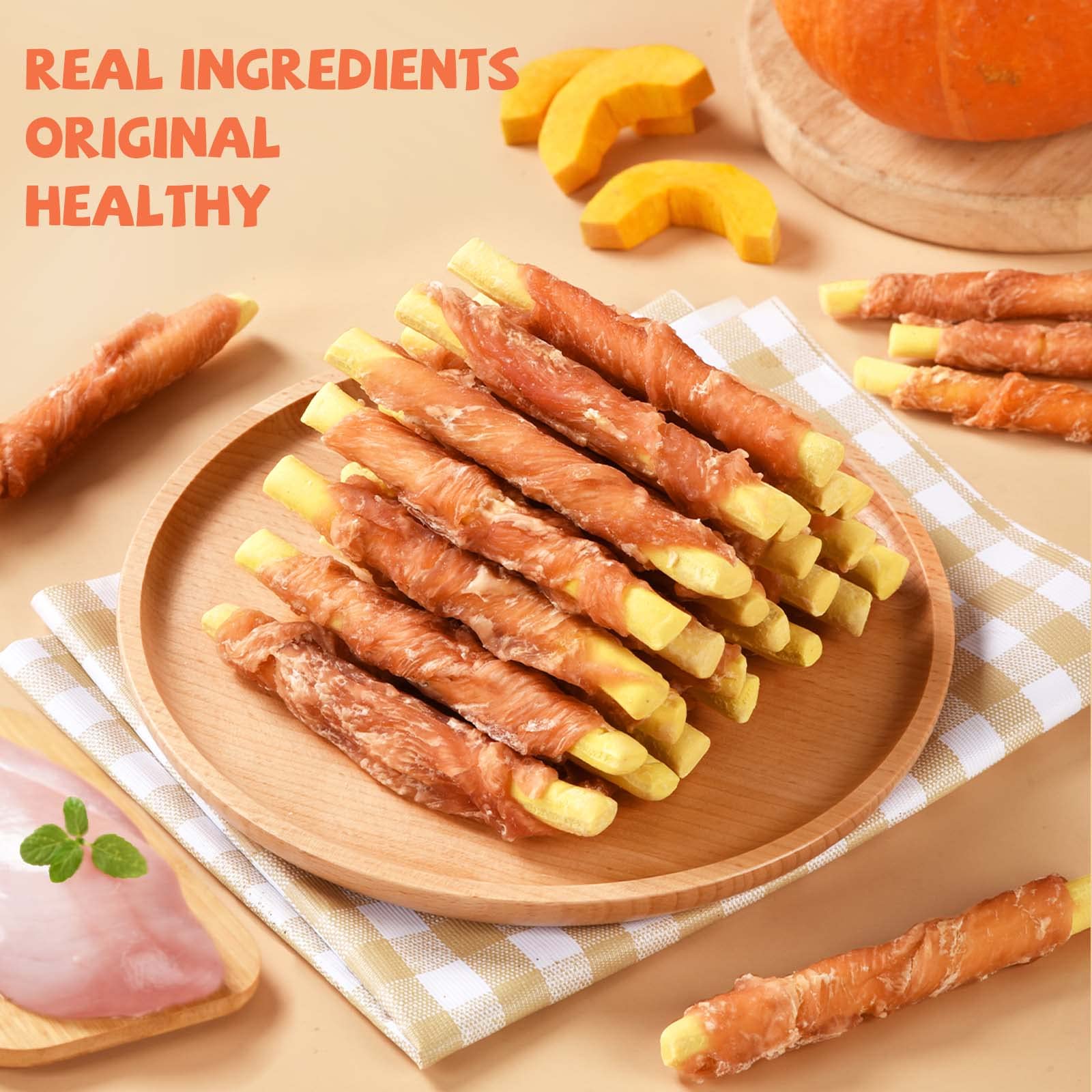 Pawmate Dog Treats Pumpkin Biscuits Chicken Wrapped, Healthy Chewy Snacks High Fiber Low Fat, Training Reward Treats for Small M
