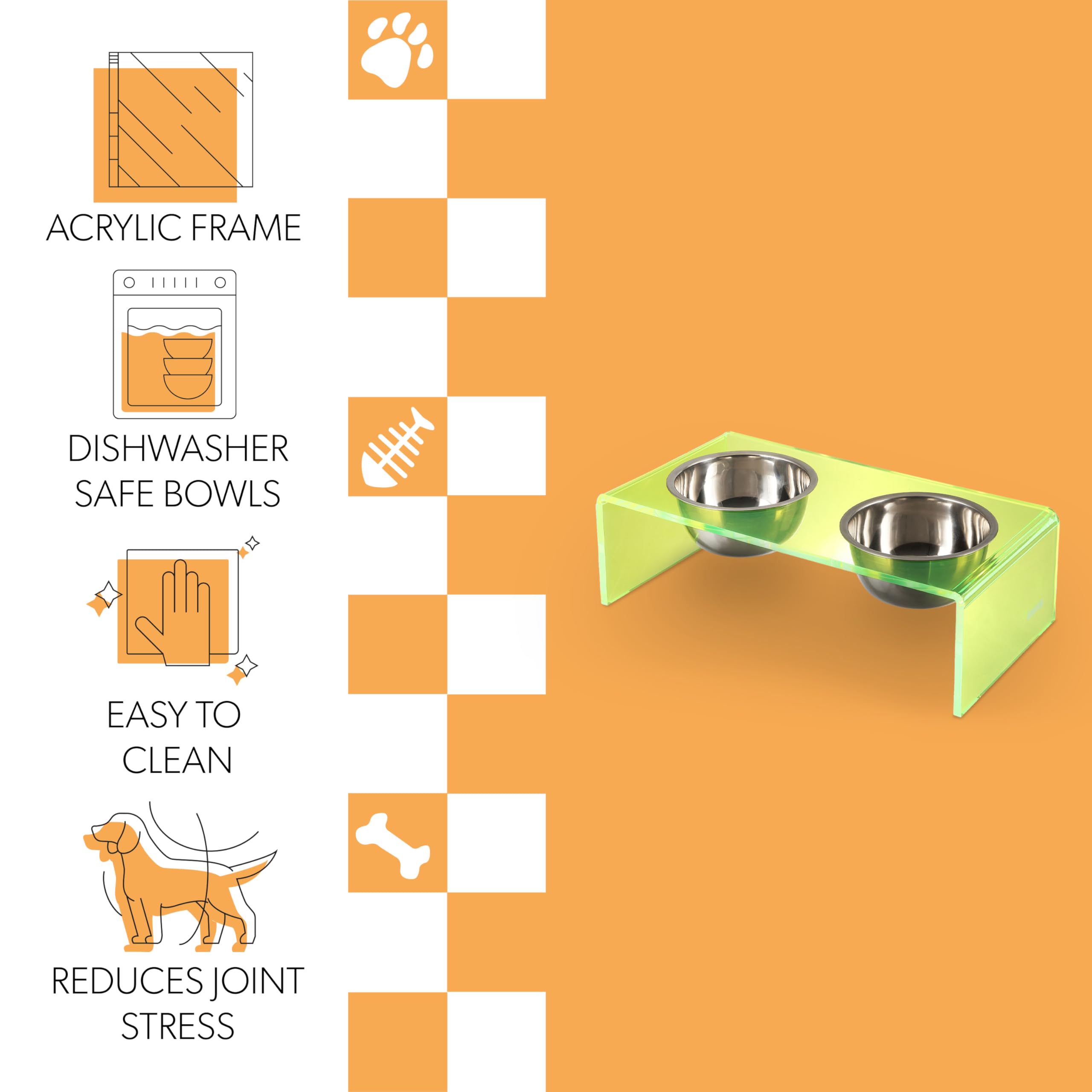 The LICKER Store DBL2000G Keaton 5 Small/Medium Modern Acrylic Rectangular Elevated Pet Feeder with 20oz 2-Stainless Steel Bowls