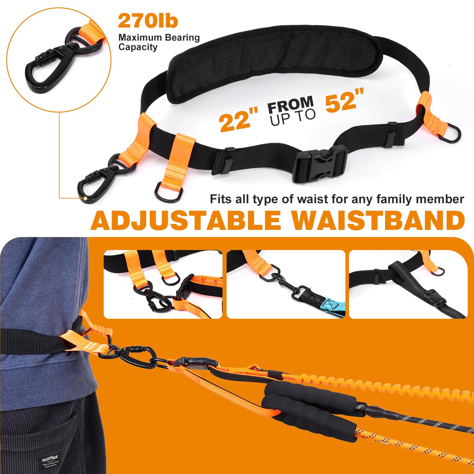 QINWEIKOO Premium Hands-Free Dog Leash, Adjustable Waist Belt, Shock Absorbing, Reflective, for Dogs up to 125 lbs, Black&Orange