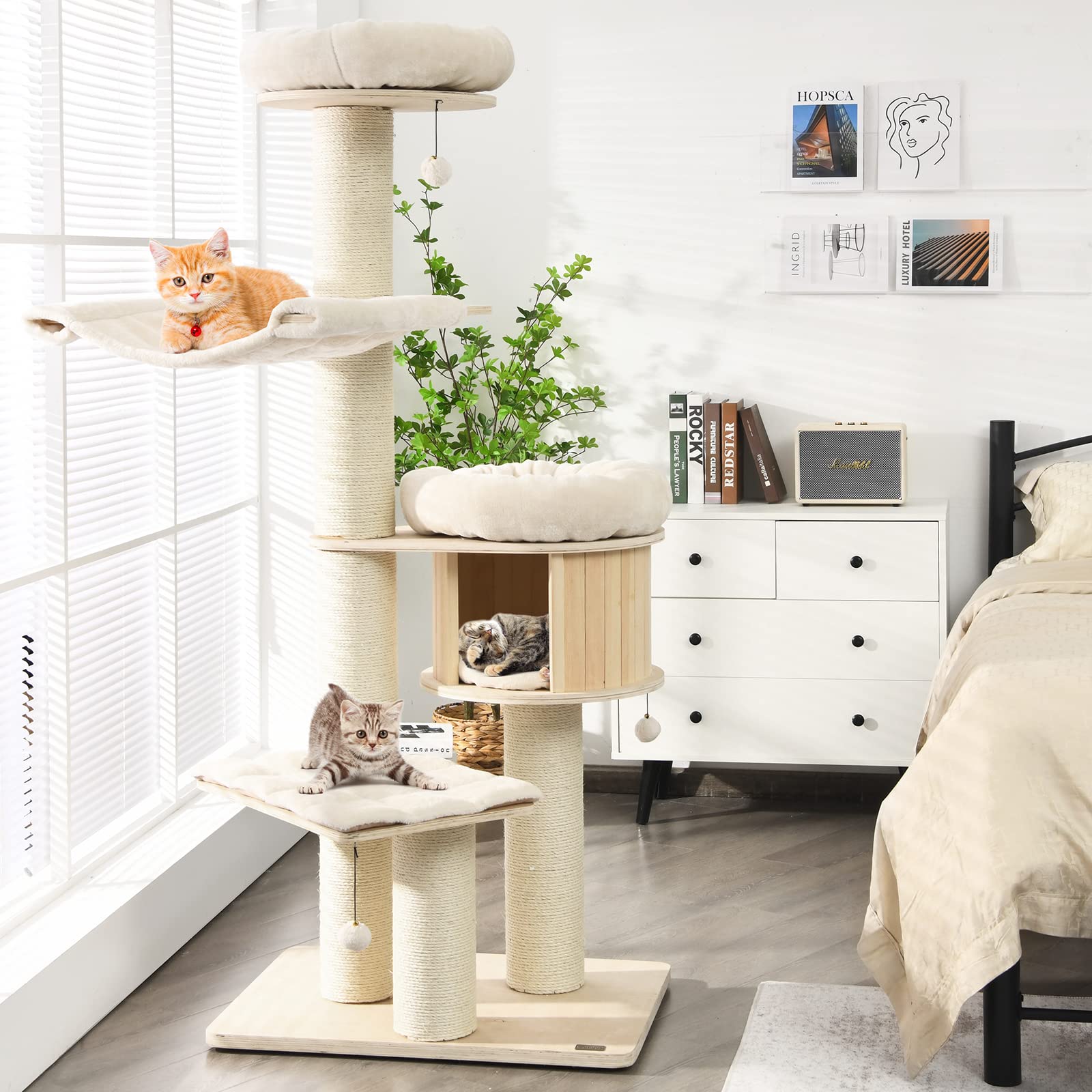 Petsite 68.5' Tall Cat Tree, Multi-Level Modern Cat Tower With Sisal Scratching Posts, Top Perch, Cat Condo, Hammock, Jingling Balls, And Washable Cushions, Cat Tree Tower For Indoor Cats Large Adult