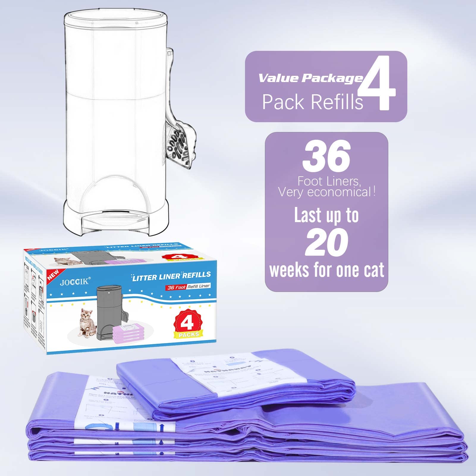 RUZAKO Litter Refill Bags - 4 Pack, 36ft Plastic Waste Liners Compatible with Litter Champ