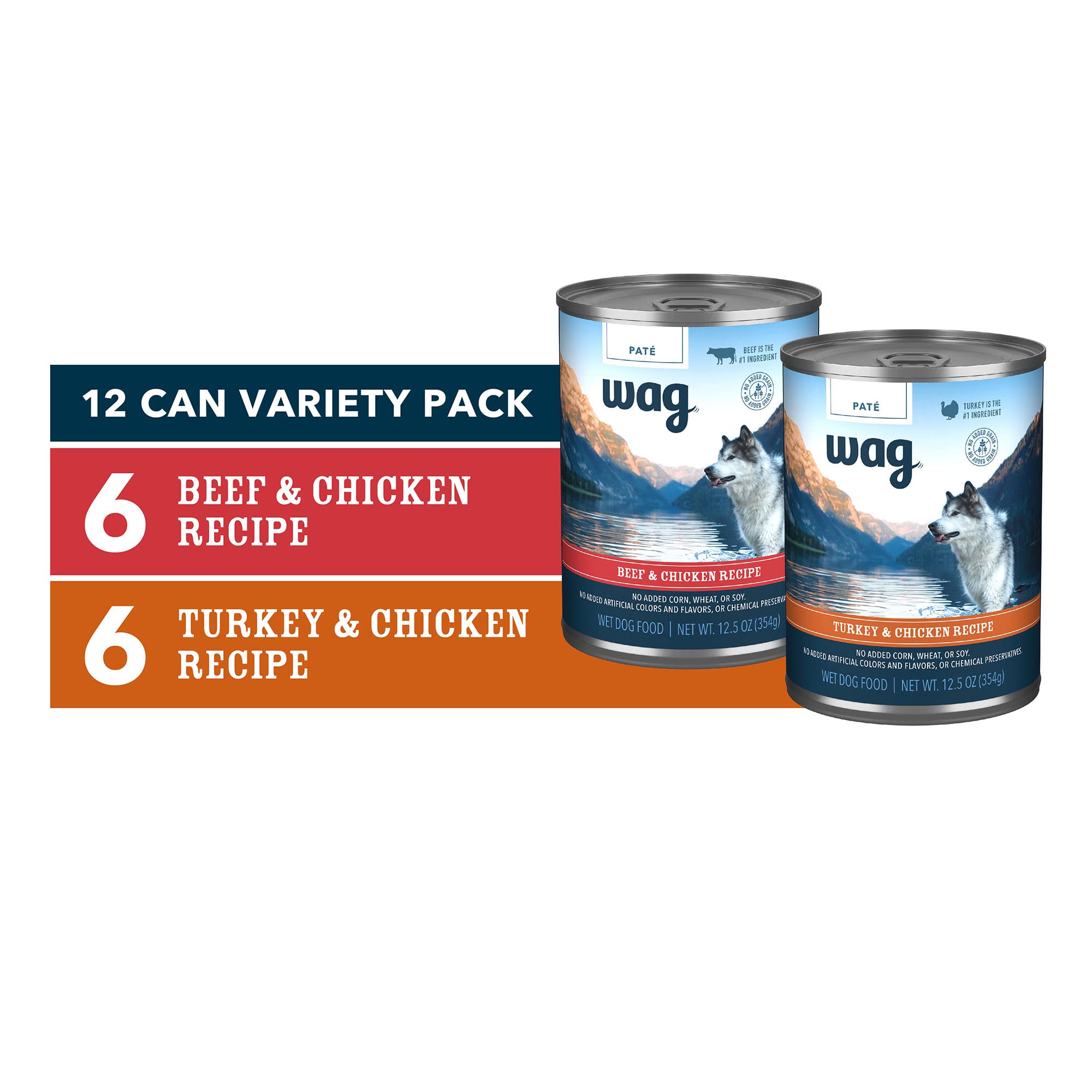 Amazon Brand - Wag Pate Wet Dog Food Variety Pack (Beef & Chicken / Turkey & Chicken), Made with Natural Ingredients, 12.5 oz Ca