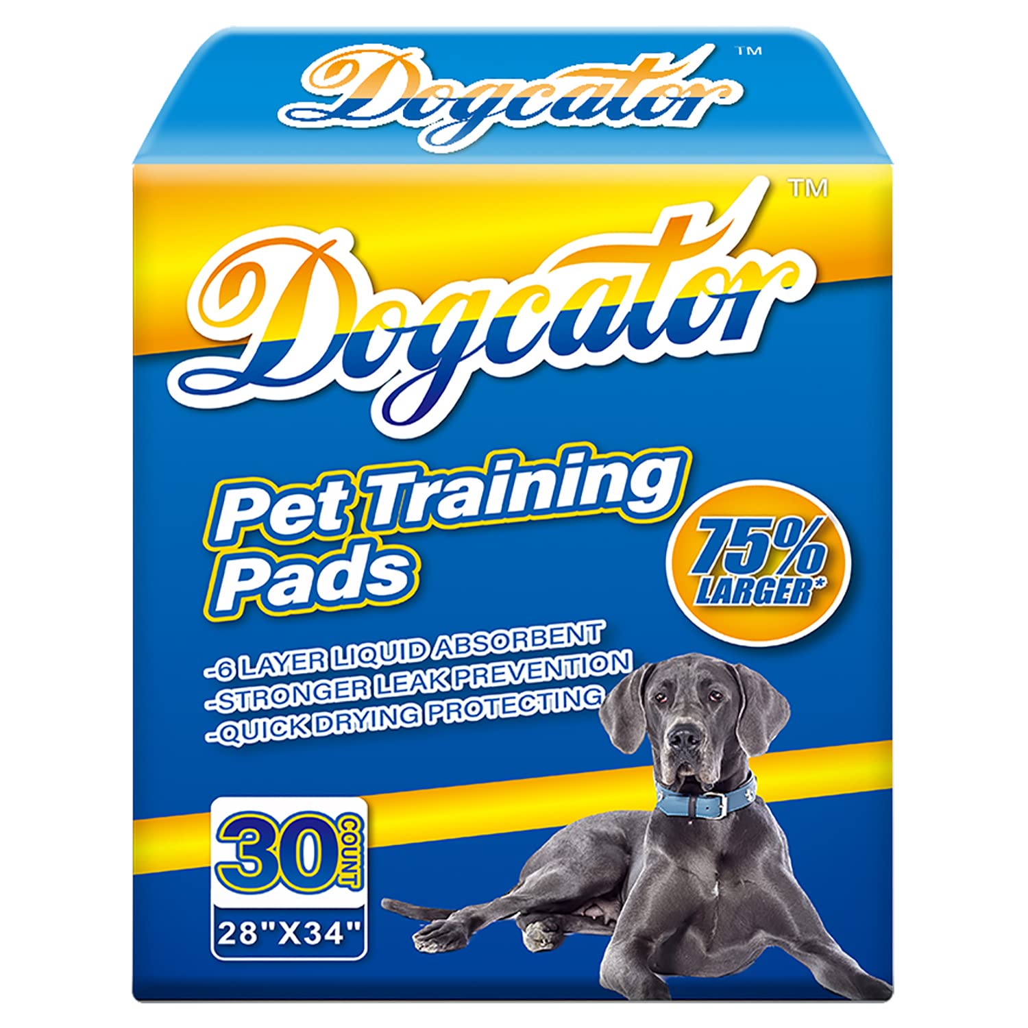 Dogcator Extra Large Dog Pads, 30 Count, Heavy-Duty, Super Absorbent, 28"x34", Blue, Model DC2834