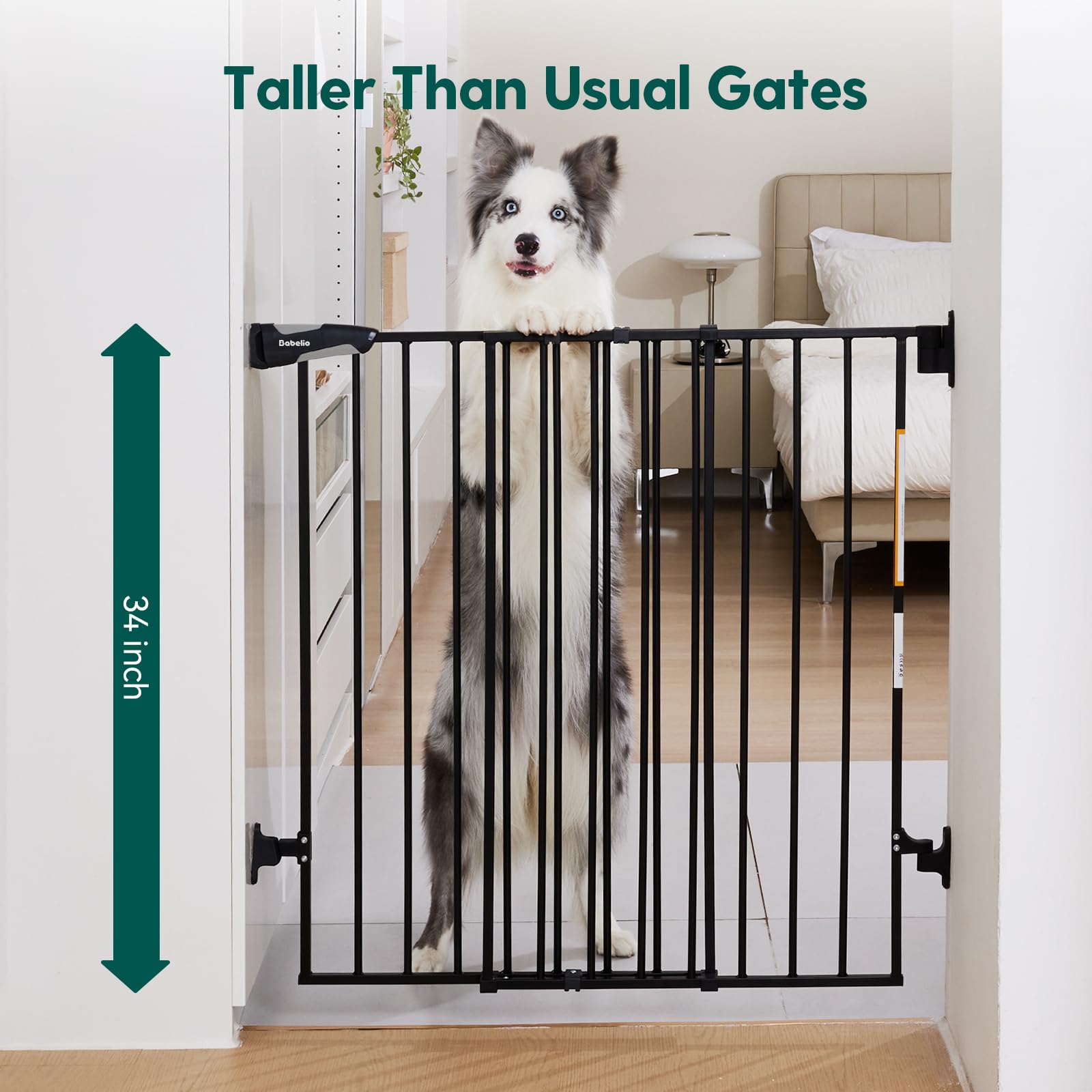 BABELIO 34" Extra Tall Baby/Dog Gate - Auto Close, No Threshold, Fits 26-43" Doorways, Black, Alloy Steel, Model CB-M-101