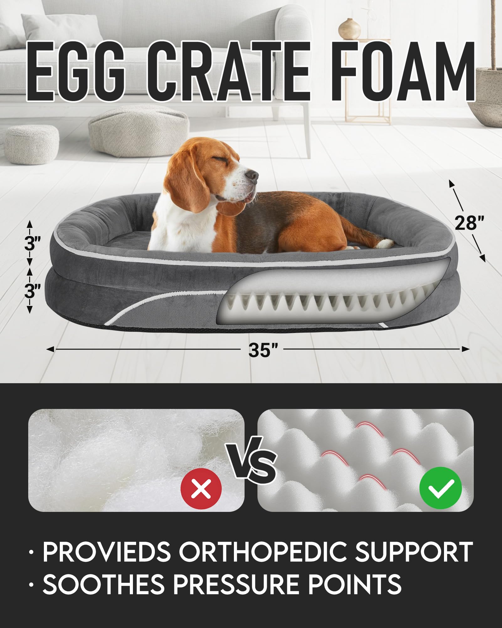 Ohgeni Orthopedic Dog Bed Couch For Large Sized Pets With Egg Foam Support, Four-Sided Bolster Cushions, Soft Tear-Resistant Fabric, And Removable Machine Washable Plush Cover 35-Inch (Gray)