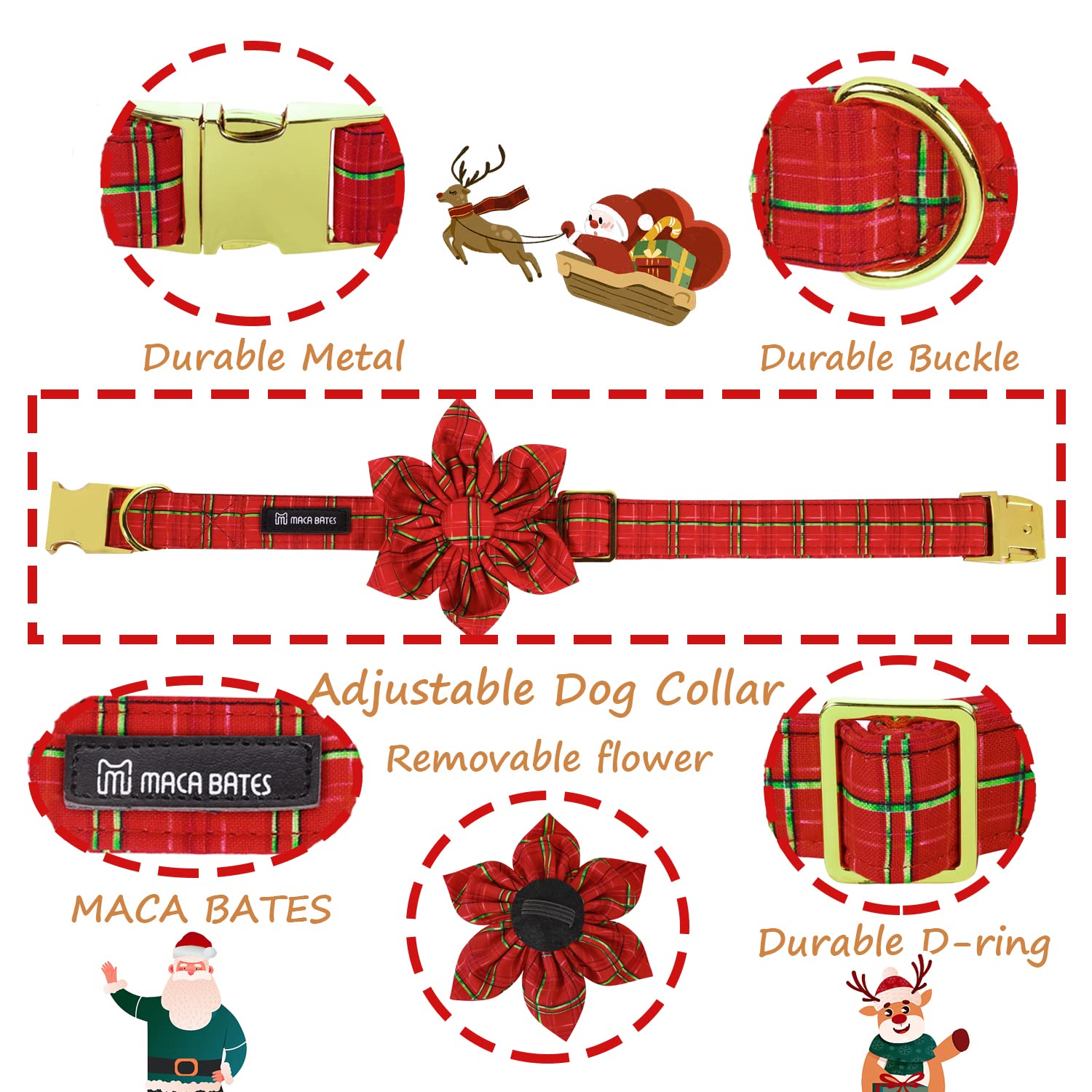 Maca Bates Flower Christmas Dog Collar with Flowers for Dogs Sailor Adjustable Breakaway Collars Accessories Gift for Small Medi