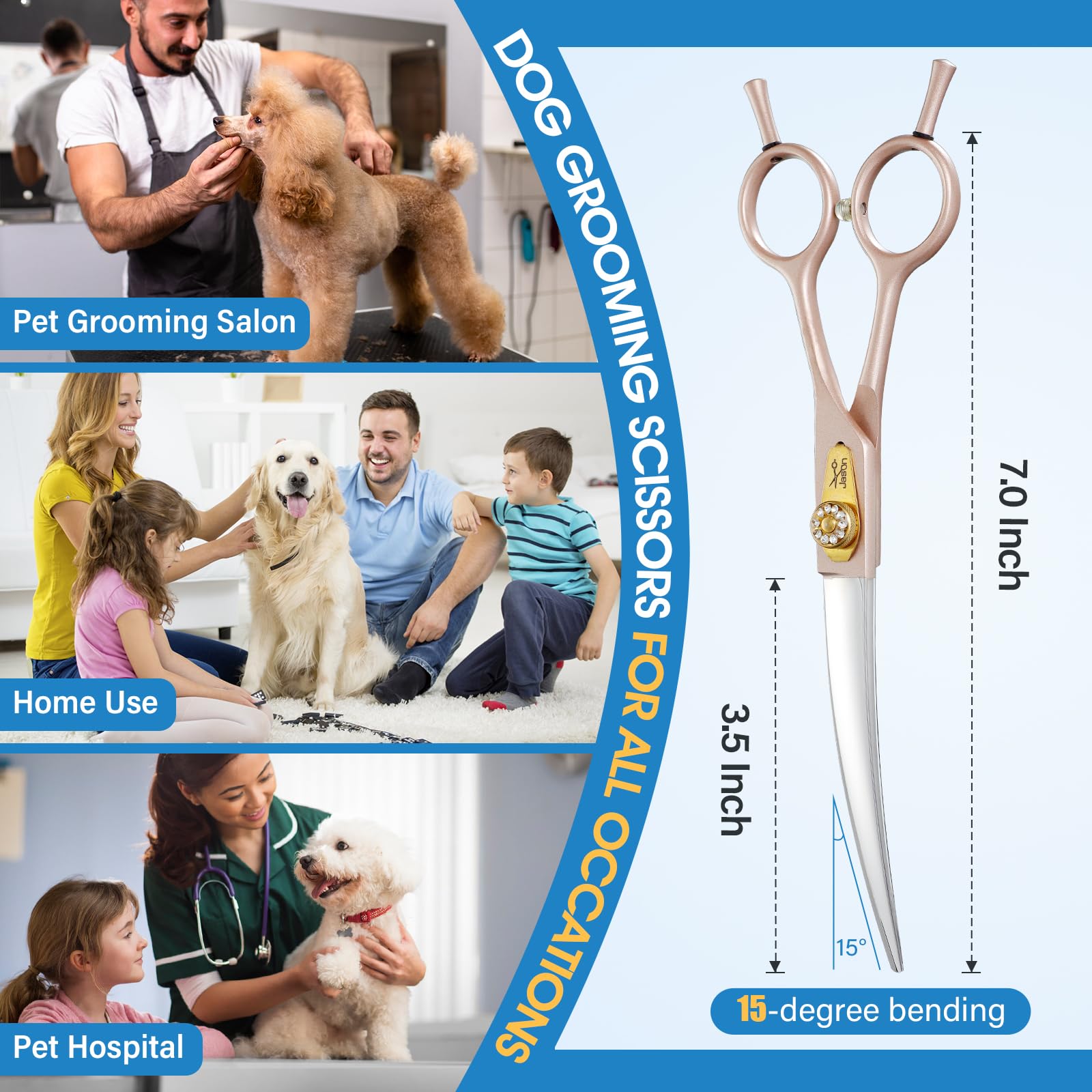 Jason Professional Dog Grooming Scissors - 7 Inch Curved Shear Japanese 440C Stainless Steel Dog Scissors With Diamond Screw, Ro