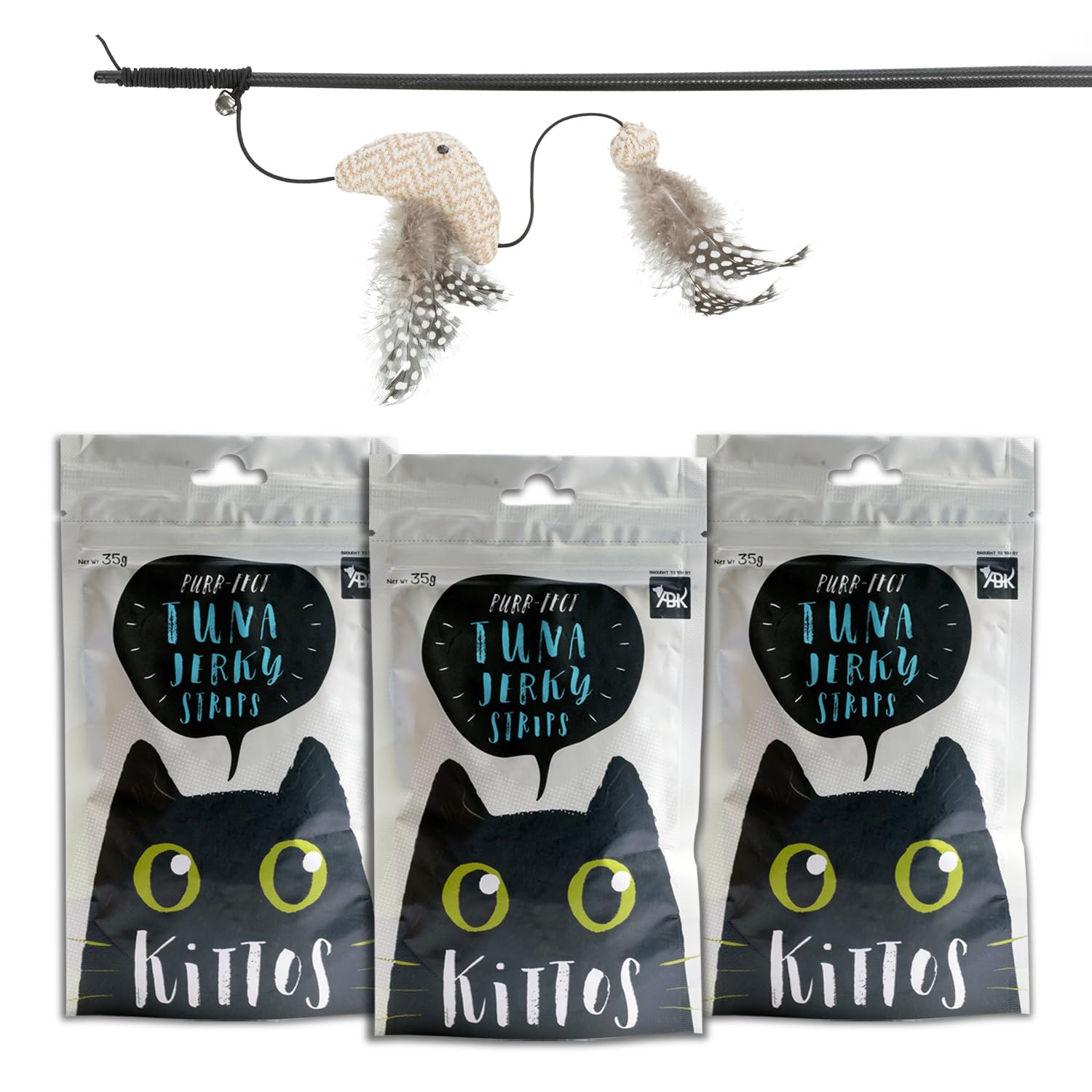 Combo Of Trixie Playing Rod With Fish Toy For Cats  65 Cm And 3 Pack Of Kittos Tuna Jerky Strips Treats, 35 G