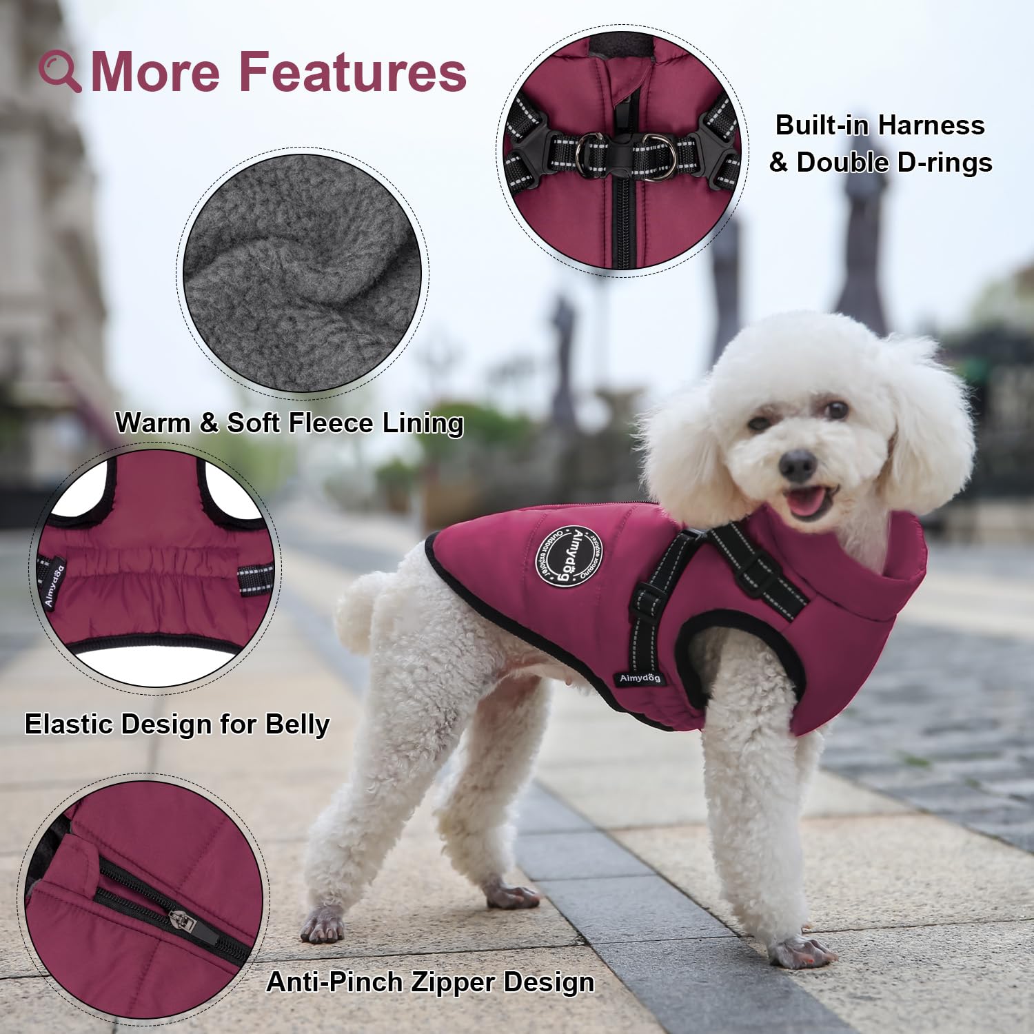 Aimydog Warm Dog Winter Coat, Fashion Sports Dog Cold Weather Jacket With Built-In Harness, Reflective & Adjustable Comfortable