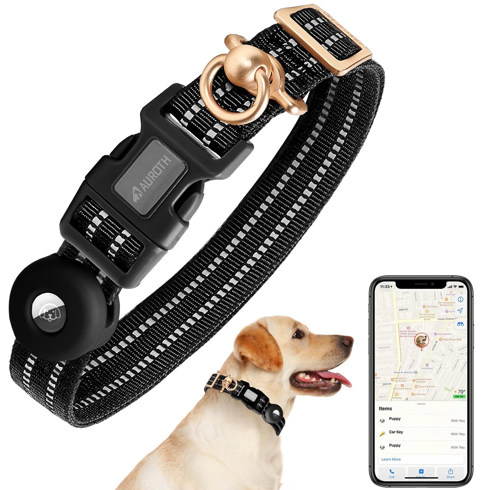Auroth Adjustable Air Tag Dog Collar, Nylon Animal Collar For Medium Large Dogs, 360-Degree Swivel D Ring, Reflective Threads, S