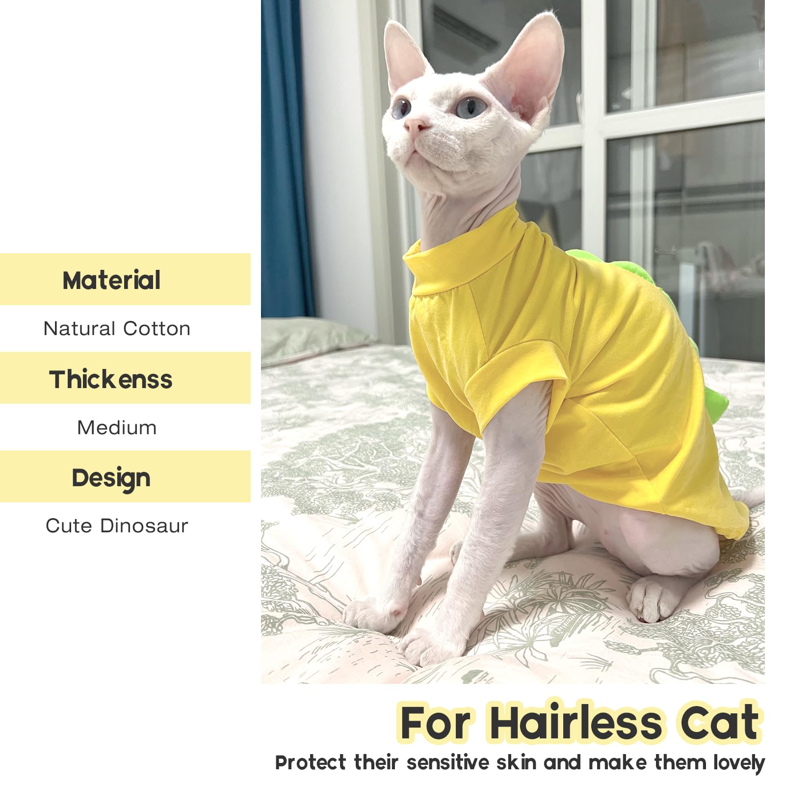 Qbleev Sphynx Cat Clothes, Dinosaur Design Cat Shirts For Cats Only, Hairless Cat Sweater, Breathable Cat Daily Wear Clothes For