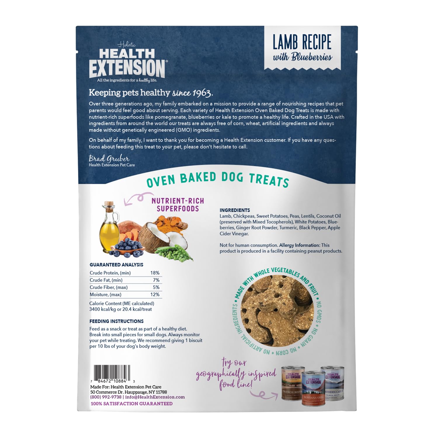 Health Extension Oven-Baked Dog Treats, 6oz (170g), Lamb & Blueberry Recipe - Gluten & Grain-Free, Superfood-Infused, Crunchy Bi