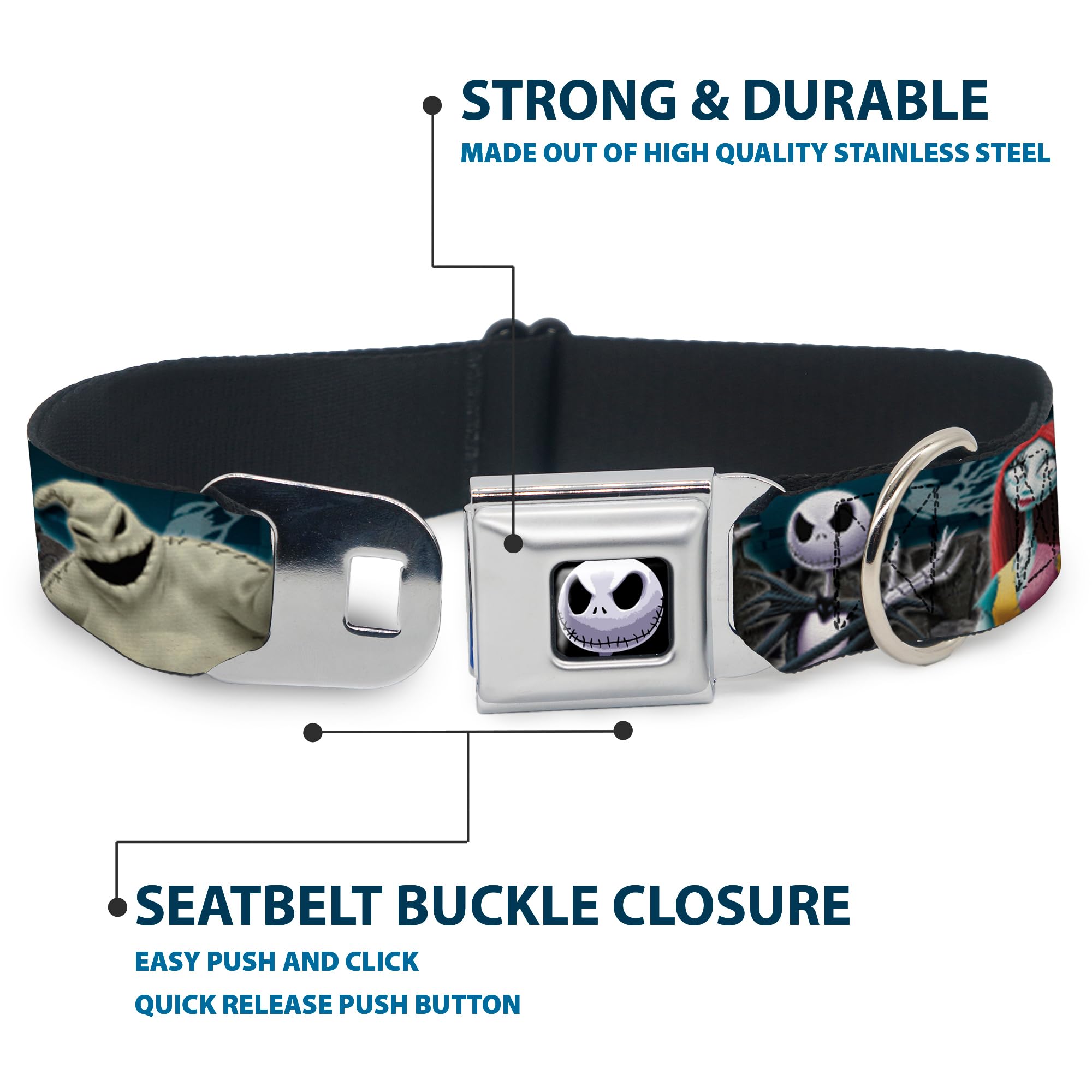 Dog Collar Seatbelt Buckle Nightmare Before Christmas 4 Character Group Cemetery Scene 11 To 17 Inches 1.0 Inch Wide