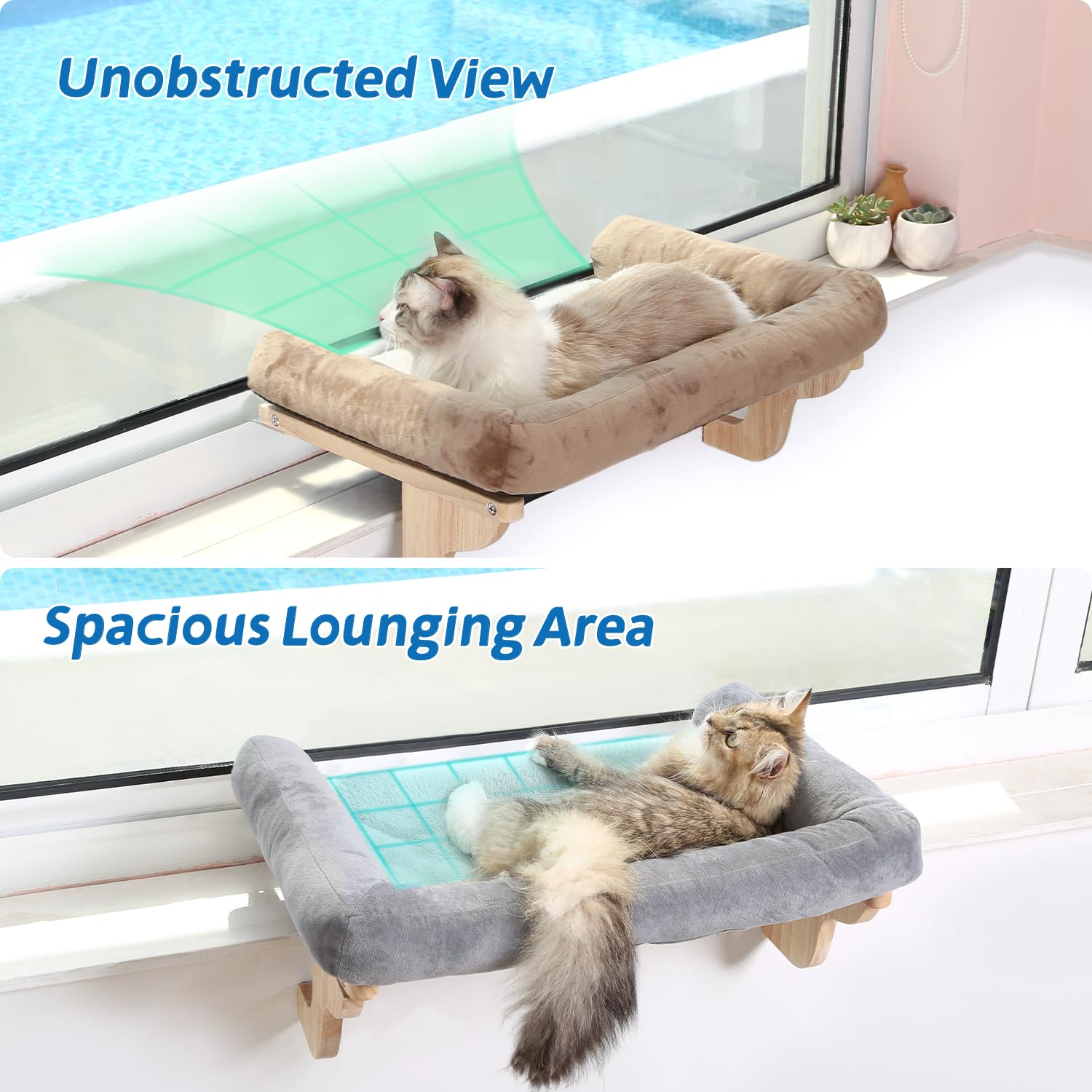 Zakkart Cat Perch For Window Sill With Bolster - Orthopedic Hammock Design With Premium Hardwood & Robust Metal Frame - Cat Window Seat For Large Cats And Kittens - Natural Color Wood With Gray Bed