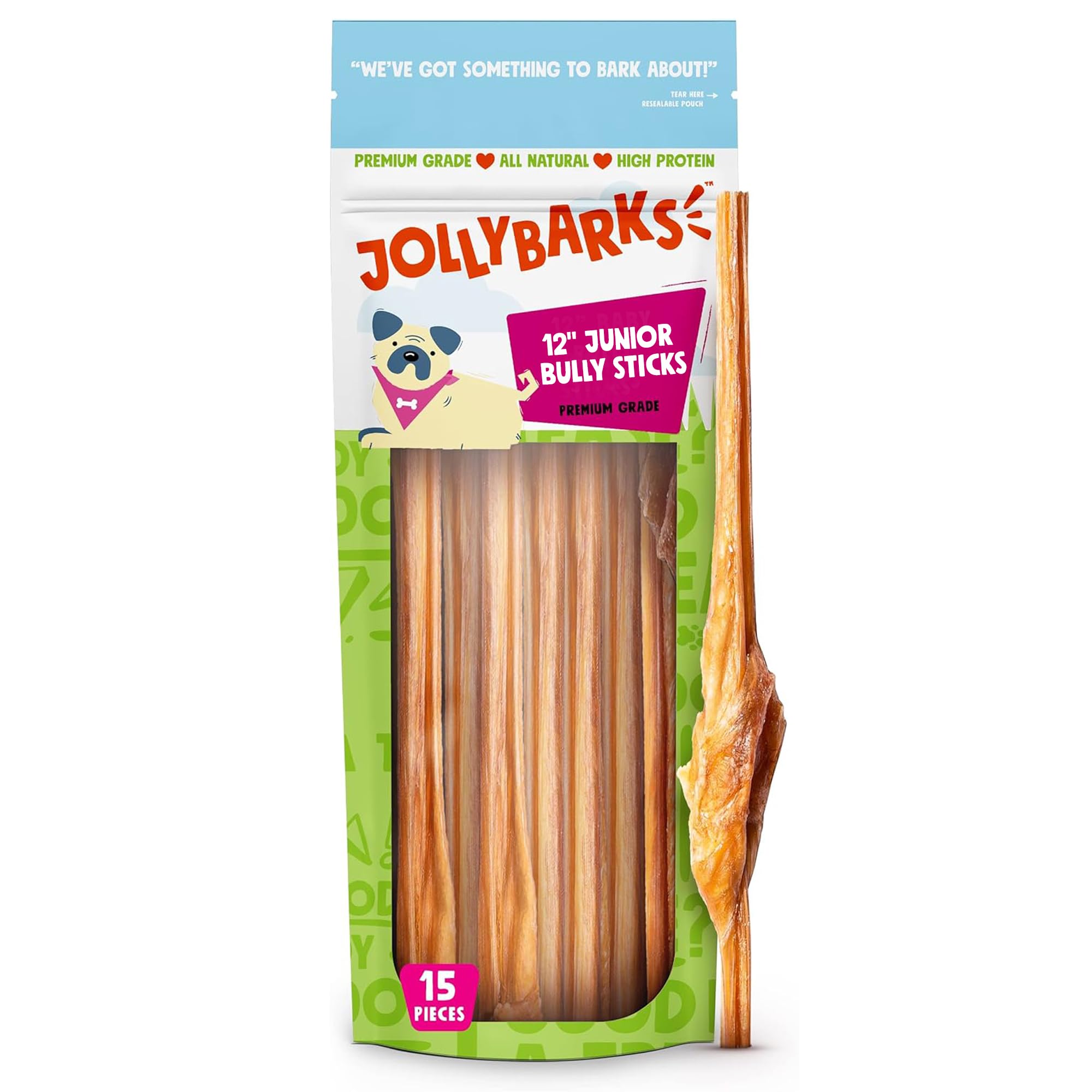 Jolly Barks Junior Bully Sticks for Small Dogs | All Natural, Single Ingredient Bully Sticks for Puppies to Medium Dogs (12 Inch