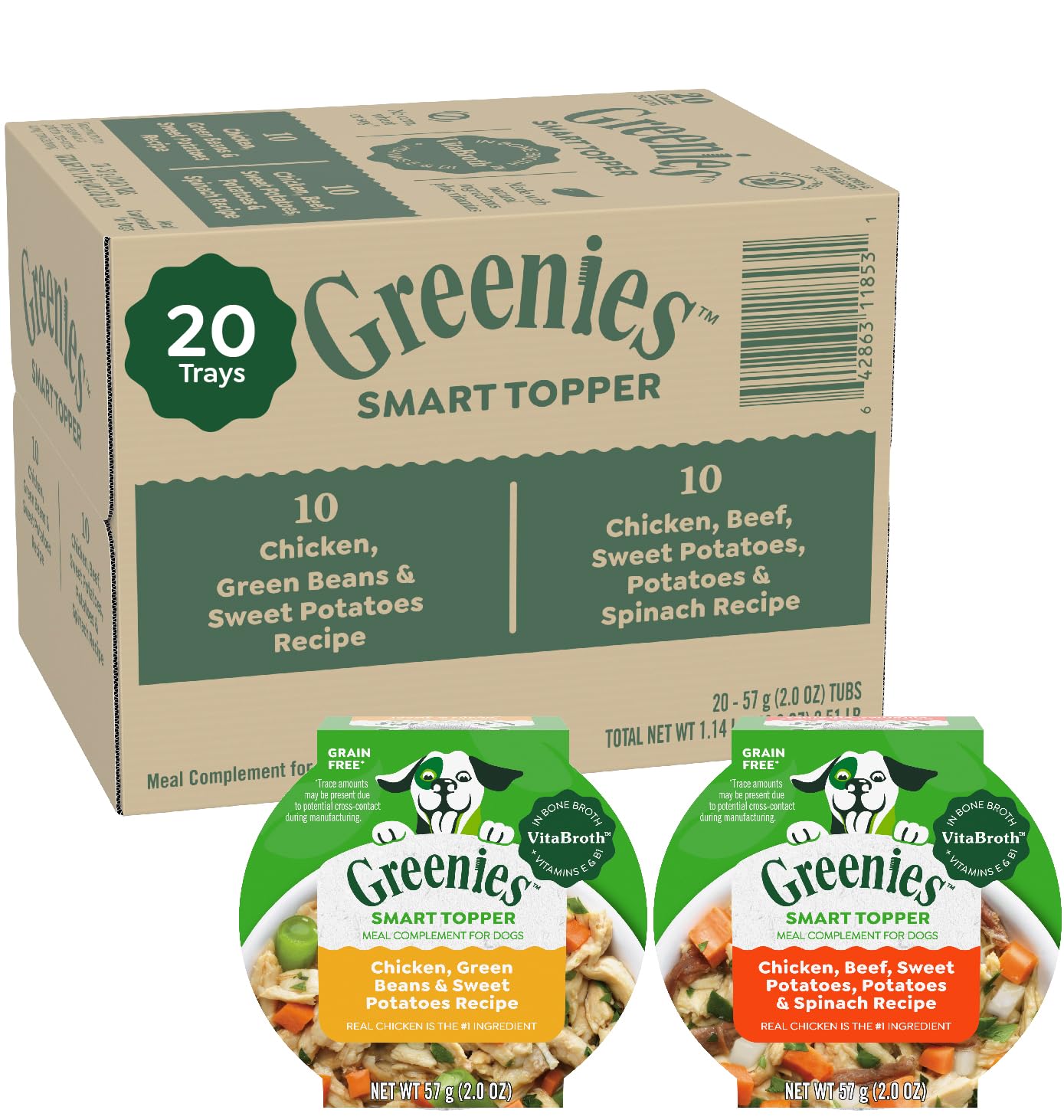 Greenies Smart Topper High Protein Wet Mix-in for Dogs, Chicken, Green Beans, and Sweet Potatoes Recipe & Chicken, Beef, Sweet P