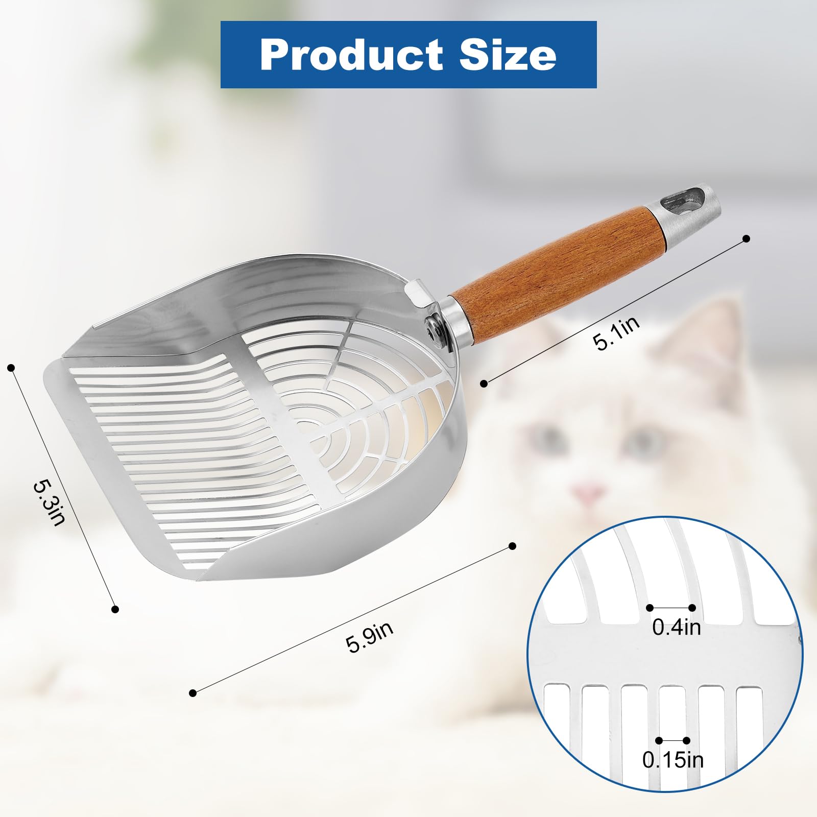 Cat Litter Scoop With Hook, Heavy Duty And Speed Sifter 304 Stainless Steel Sifter With Deep Shovel, Durable Kitty Metal Scooper