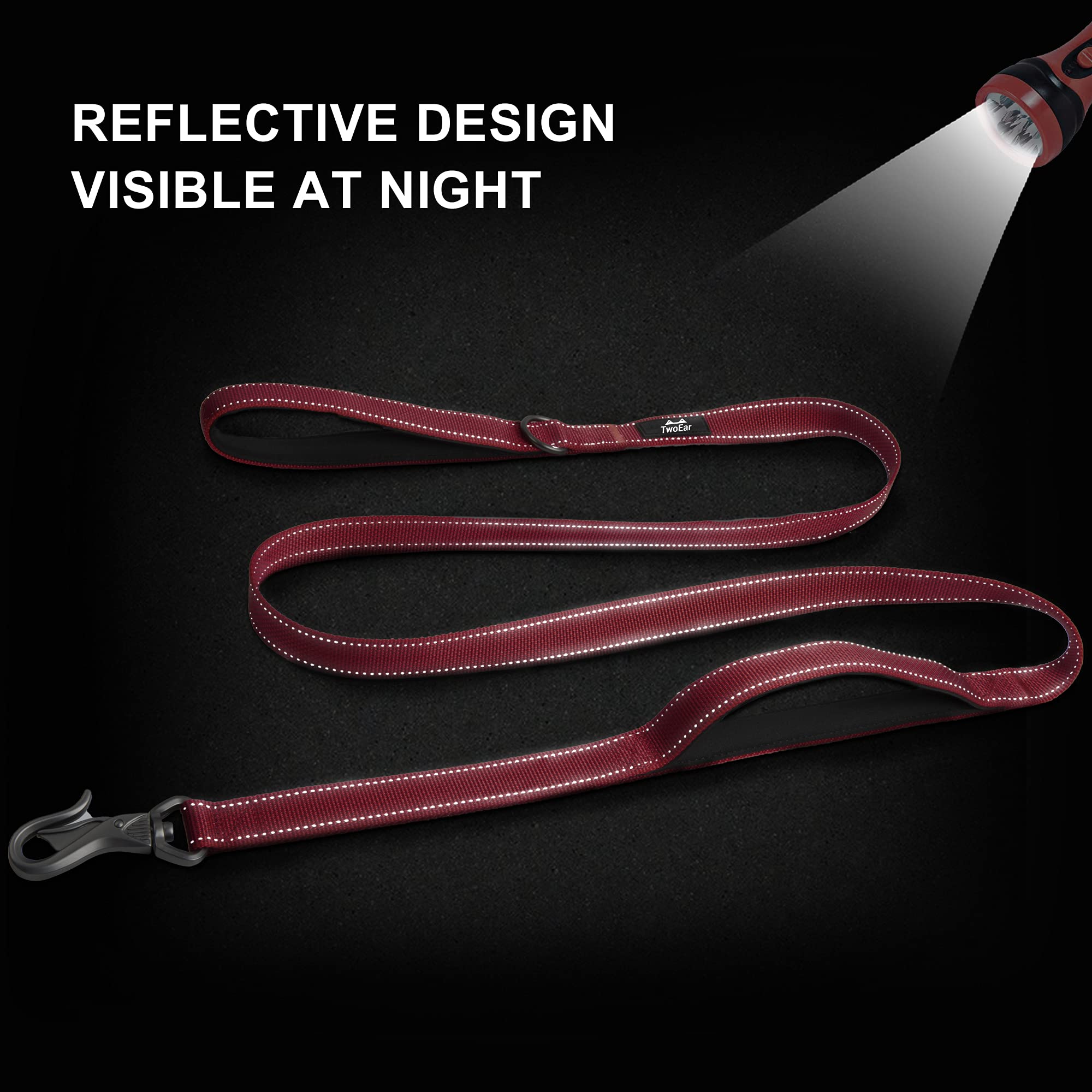 Twoear 6Ft 1In Strong Red Dog Leash With 2 Padded Handles, Traffic Handle Extra Control, Comfortable Soft Dual Handle, Auto Lock