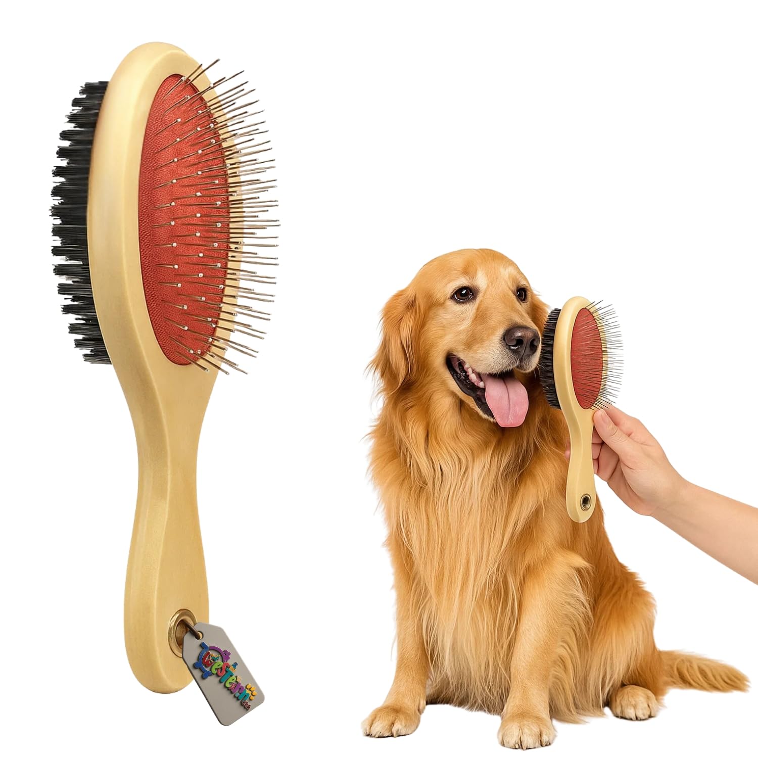 Western Era 19Cm Double Side Pet Grooming Brush  Wooden Handle Dog & Cat Comb With Metal Pins On One Side & Soft Bristle Brush 