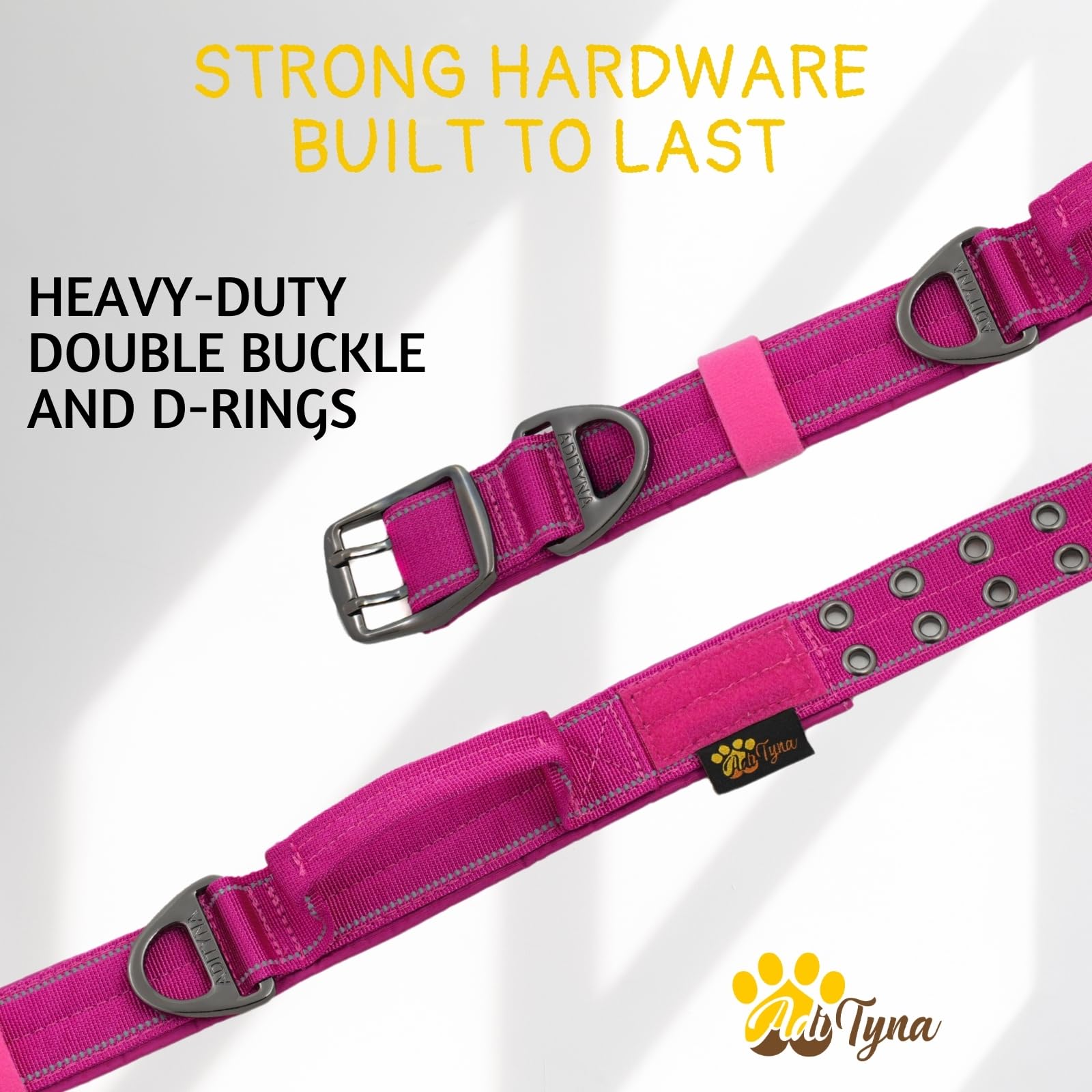 Adityna Heavy Duty Dog Collar For Medium Dogs - Reflective Magenta Collar With Handle For Training, And Walking - Wide, Thick, T