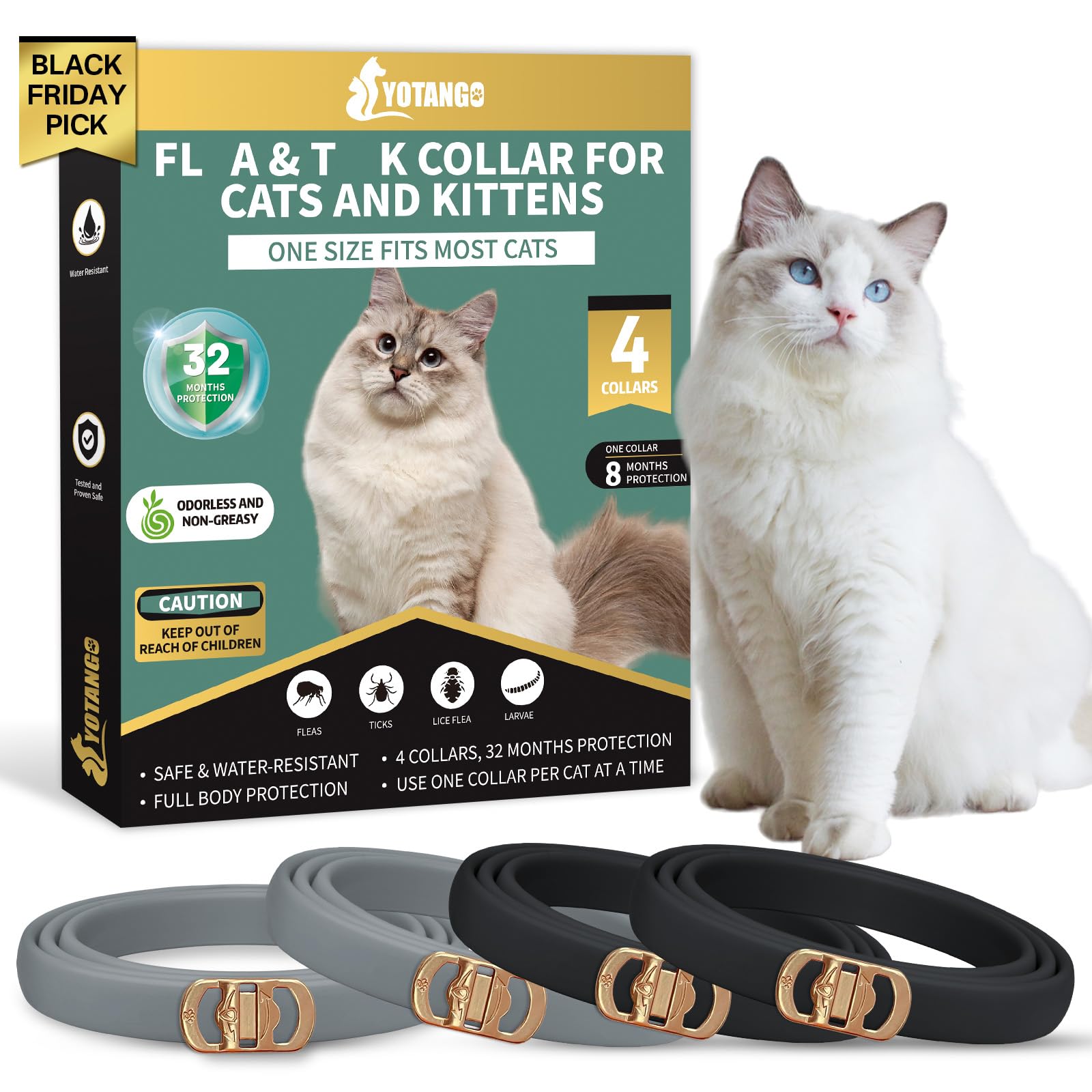 YOTANGO 4 Pack Flea Collar for Cats, 32 Months Flea and Tick Prevention for Cats, Waterproof Cat Flea Collar, Cat Flea and Tick