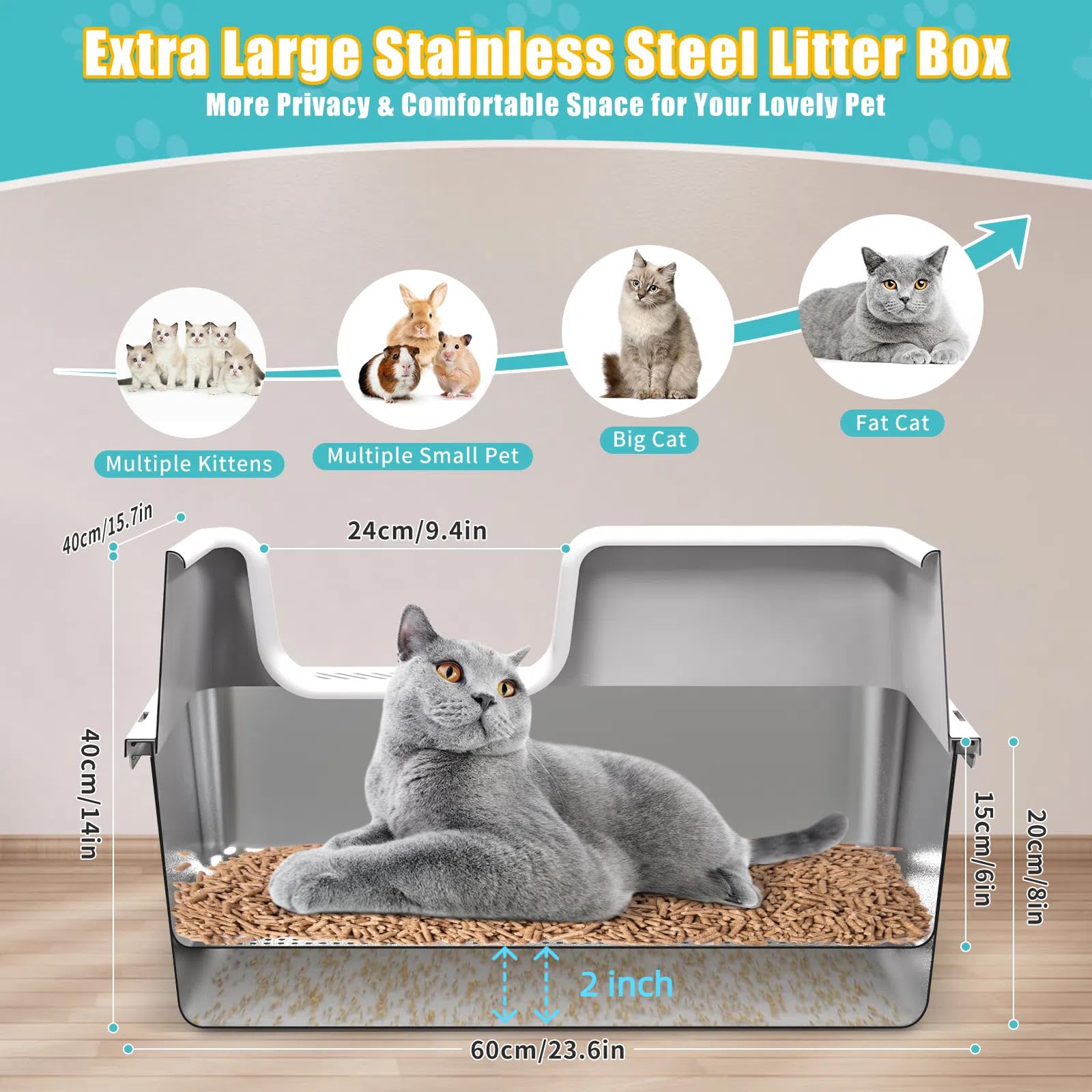 Xl Stainless Steel Sifting Cat Litter Box With Sifting Box & Bottom Pan, Sifting Cat Litter Pan High Side, No Mess, Nnti-Odor, E