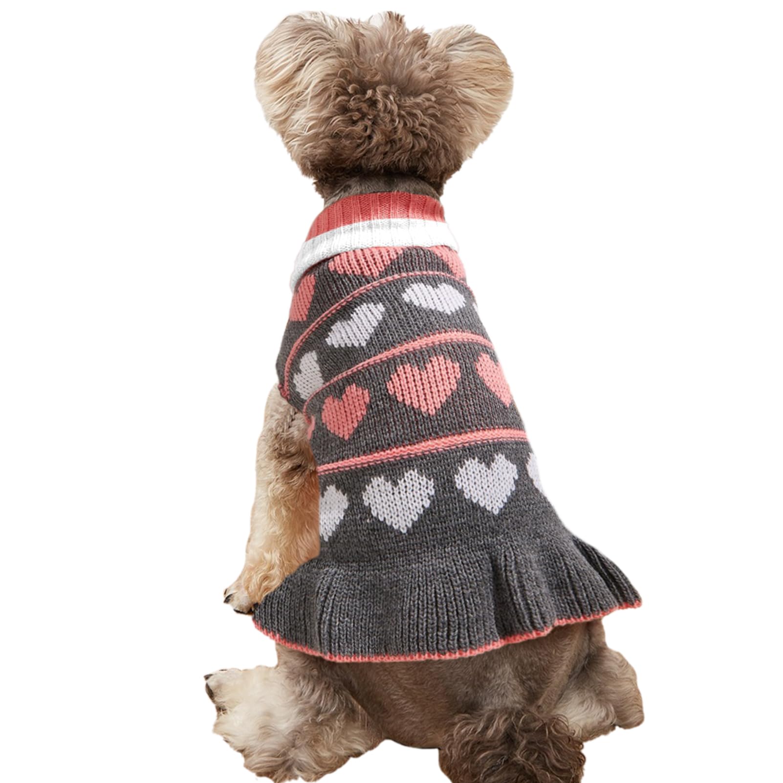Jecikelon Pet Dog Long Sweaters Dress Knitwear Turtleneck Pullover Warm Winter Puppy Sweater Long Dresses (Grey Heart, Large)