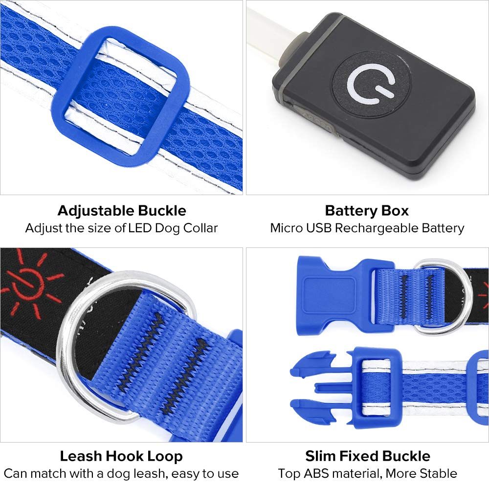 Flashseen Led Dog Collar,Usb Rechargeable Light Up Dog Collar Lights,Adjustable Comfortable Soft Mesh Safety Dog Collar For Small,Medium,Large Dogs(Small, Royal Blue)