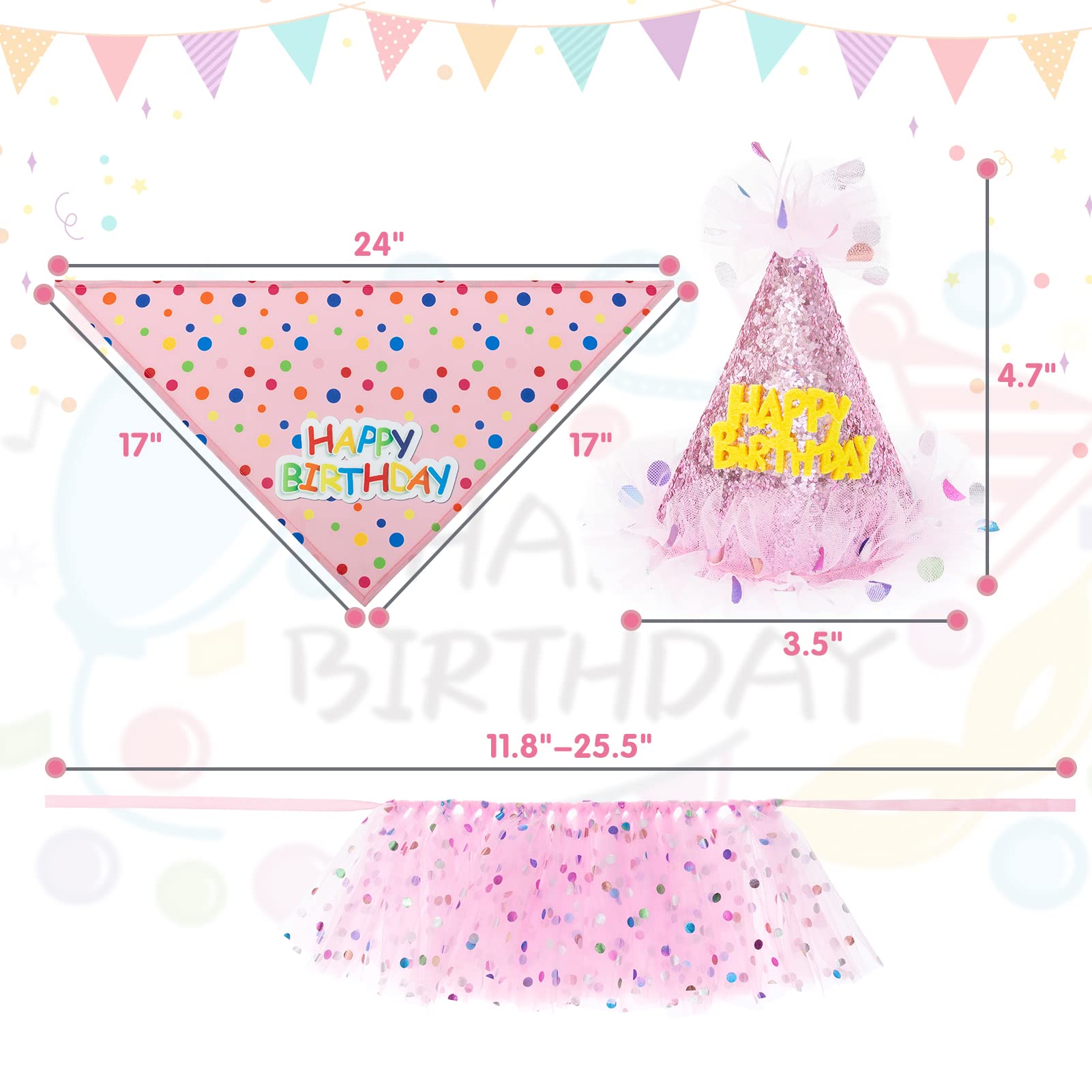 SCENEREAL Dog Birthday Bandana with Hat and Dress Girl Set, Puppy Birthday Party Supplies, Cute Pink Tutu Skirt Outfit for Small