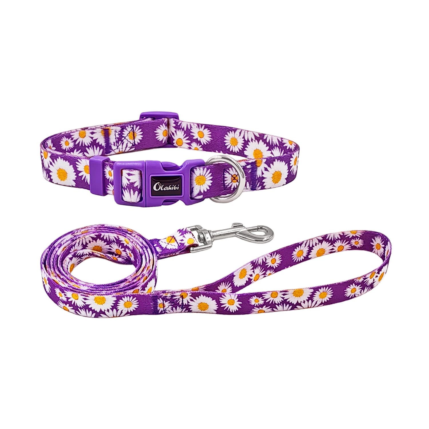 Olahibi Dog Collar And Leash Set, Cute Daisy Pattern, Polyester Material, 5Ft Leash, For Puppy Dogs.(Extra Small,Purple Daisy)