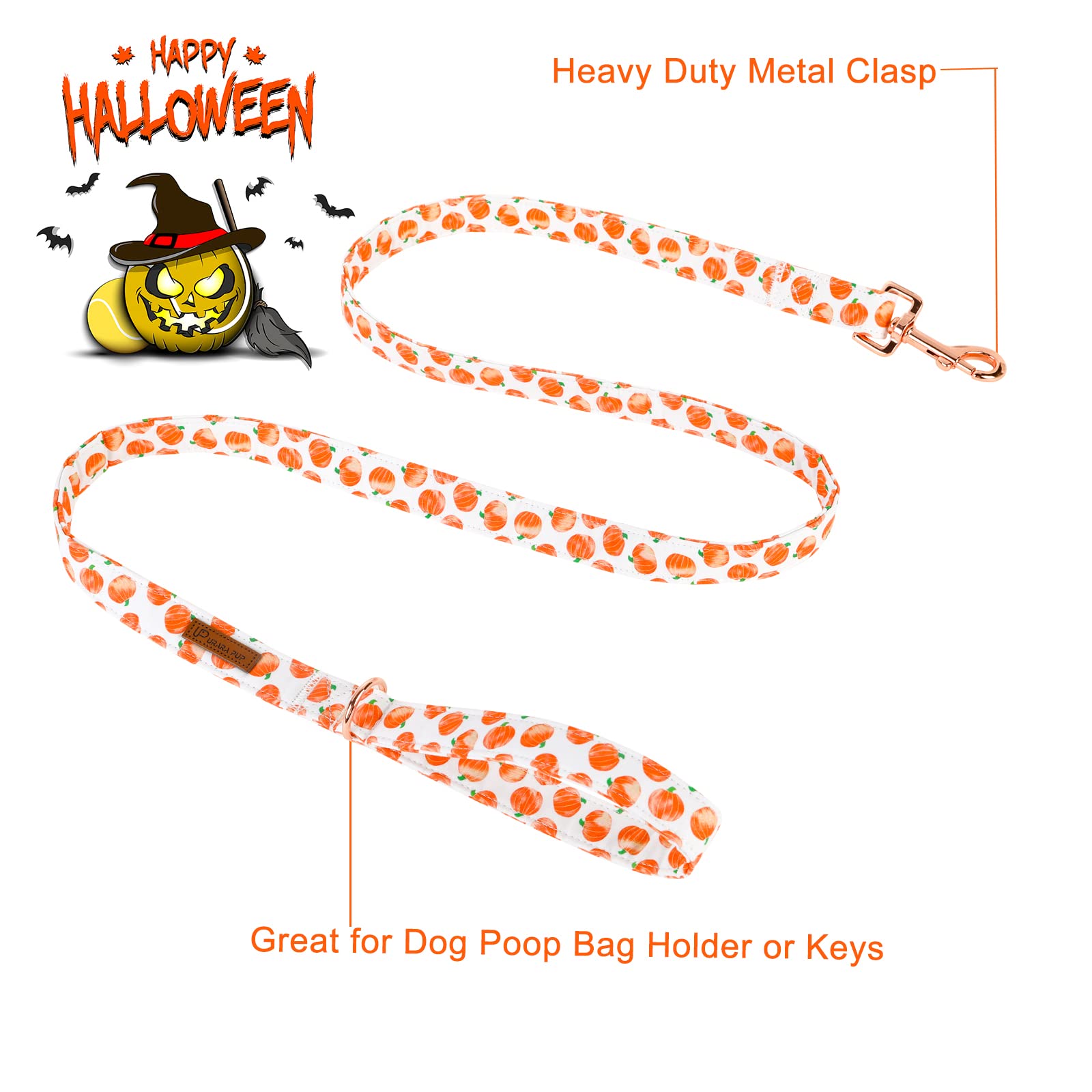 Up Urara Pup Dog Leash Match Dog Collar, Sturdy Durable Halloween Cotton Dog Leash, Pumpkin Dog Training Leash For Small Medium Large Dog