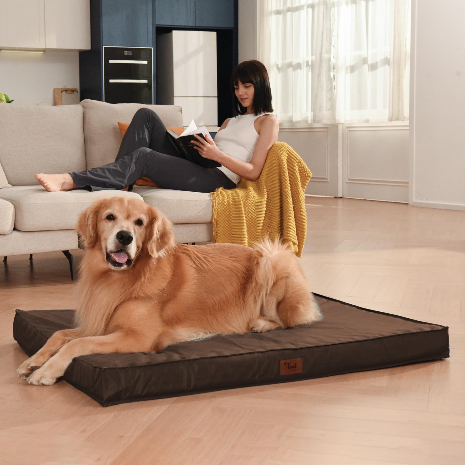 Tail Stories Outdoor Waterproof Dog Bed, Orthopedic Egg Foam, 47"x29"x3.5", Brown, Washable Cover