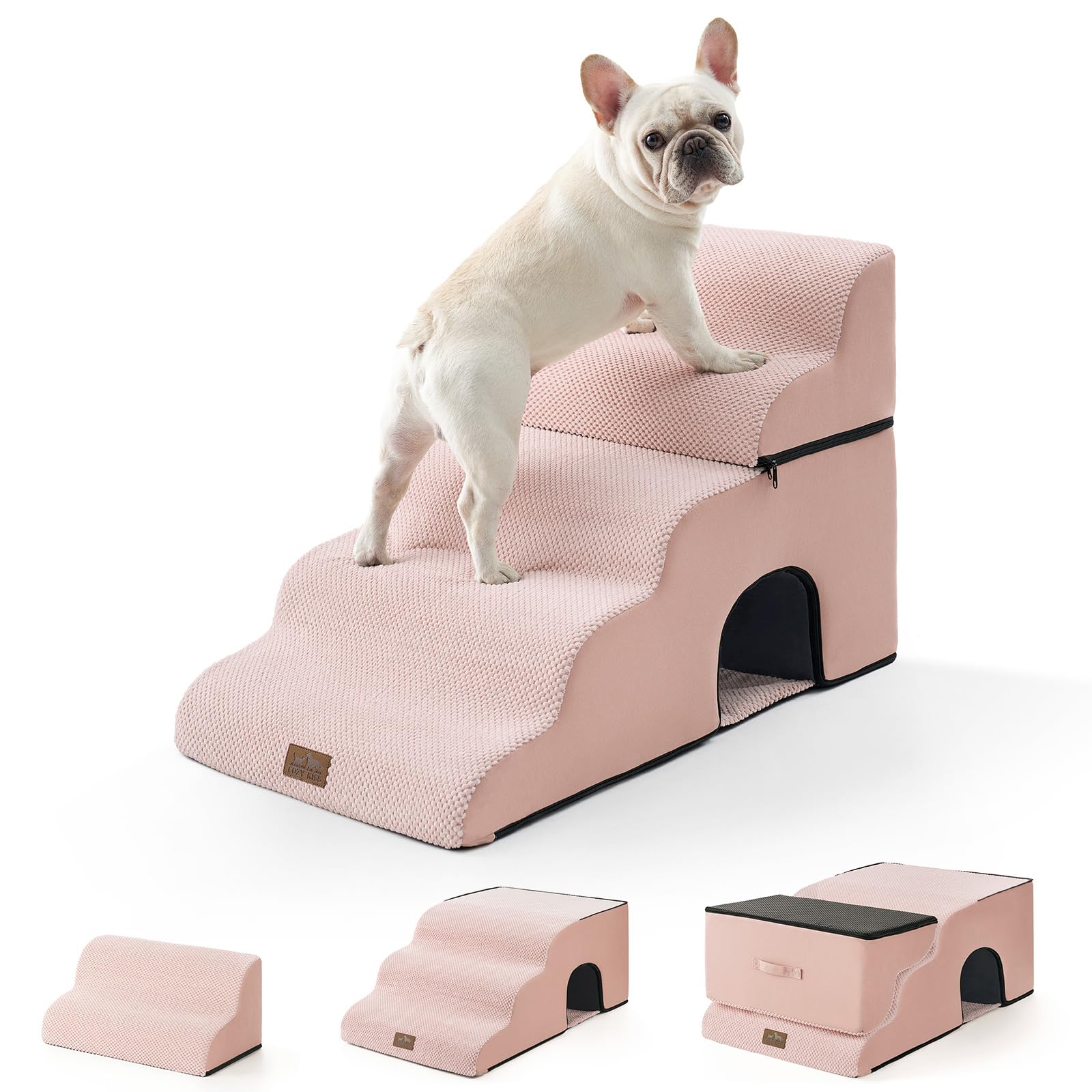 COZY KISS Extra Wide Dog Stairs with Tunnel, Detachable Large Pet Step for Small Medium Dog, Puppy or Cat, Ramp for High Bed, Co