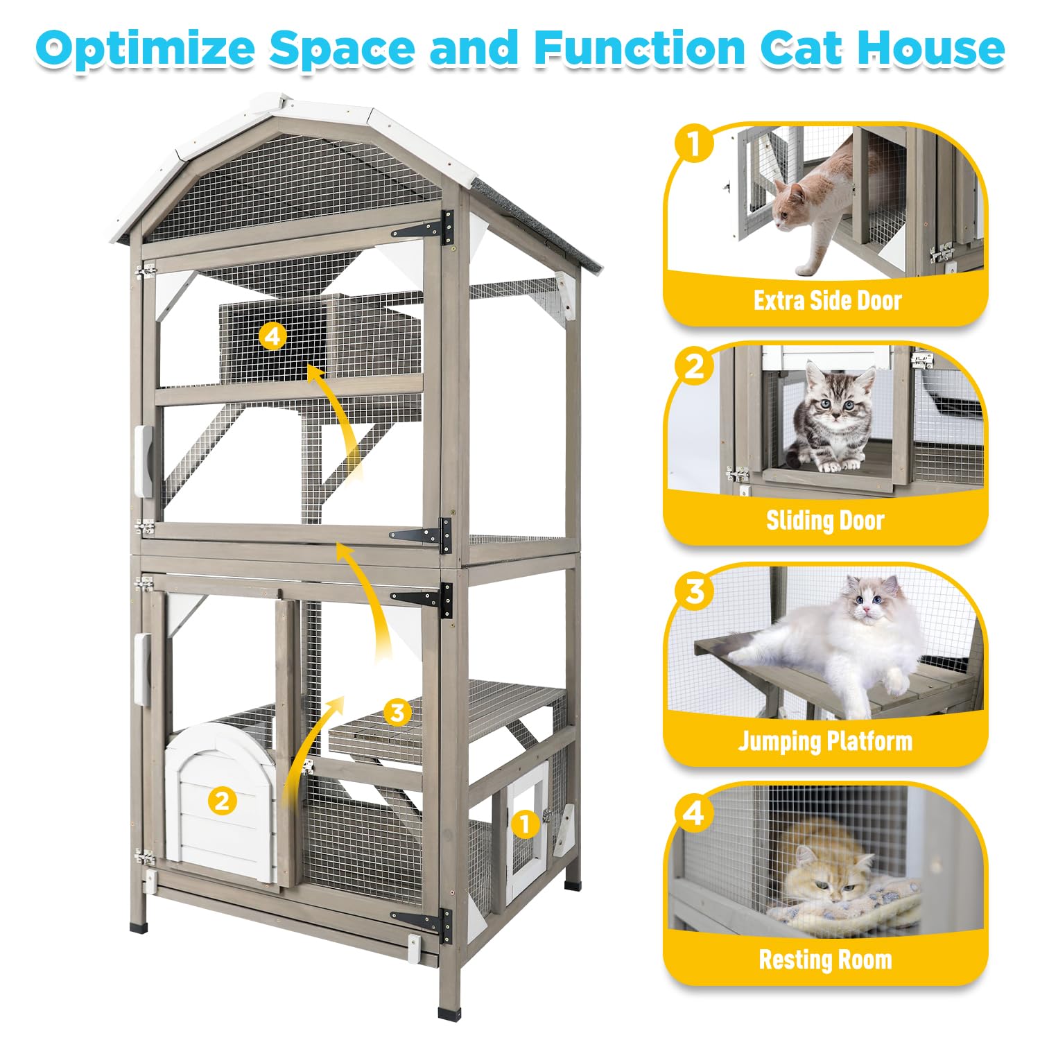 Gowoodhut 71'' Large Cat House - Waterproof Outdoor Catio Enclosure, Greywhite, Model CAT12-FBA-GreyWhite