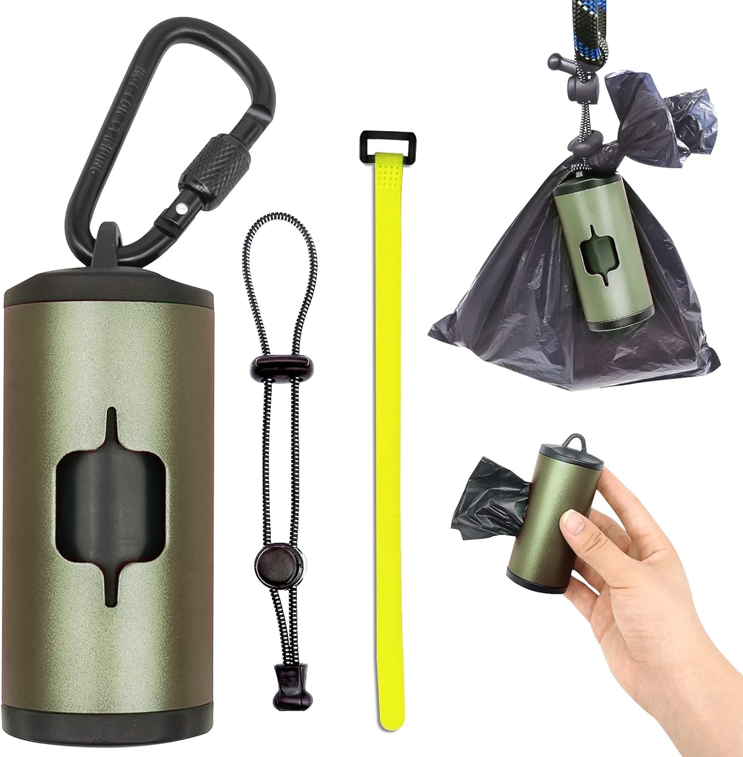 Shaouman Metal Dog Poop Bags Holder Aluminum Poo Bags Dispenser With Pet Waste Bags 3 Leash Clasp And Elastic Rope For Used Bags(1 Holder 135 Bags,Dark Green)