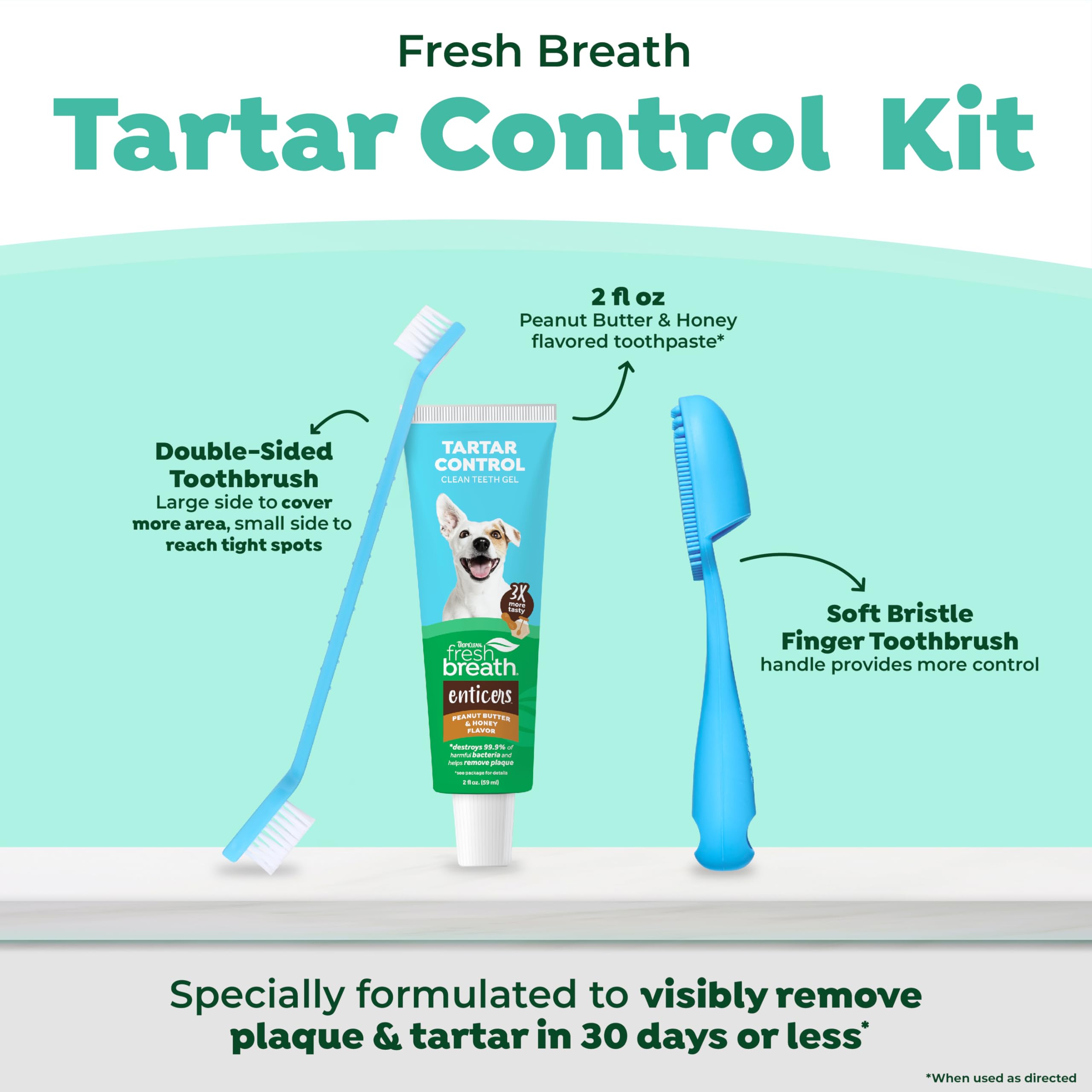 TropiClean Fresh Breath Oral Care Kit - Soft Bristle Finger Toothbrush - Dog Tooth Brushing Kit - Peanut Butter and Honey Flavor