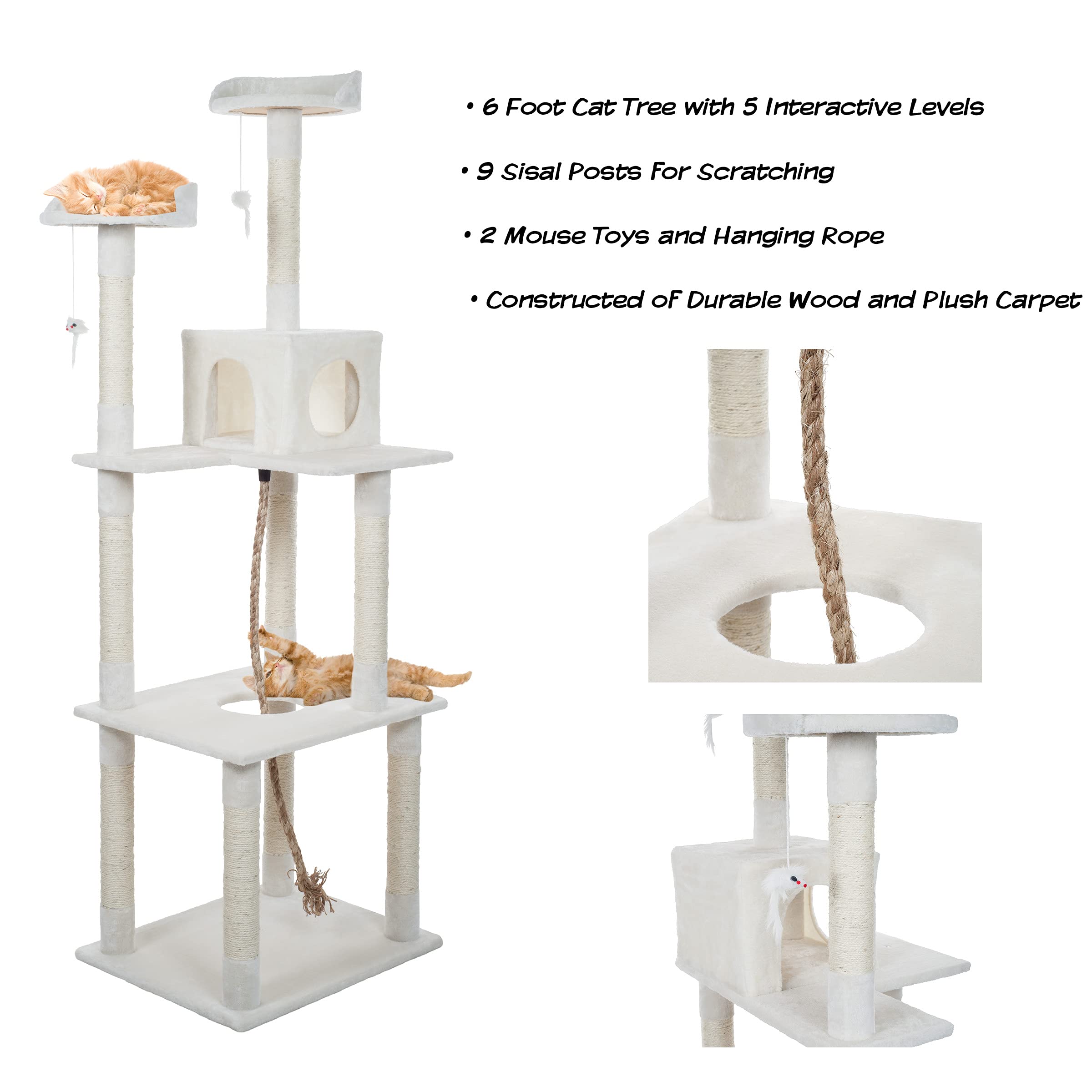 PETMAKER Cat Tree - 6-Foot Indoor Tower with Napping Perches, 9 Scratching Posts, Ivory, Model 80-0709