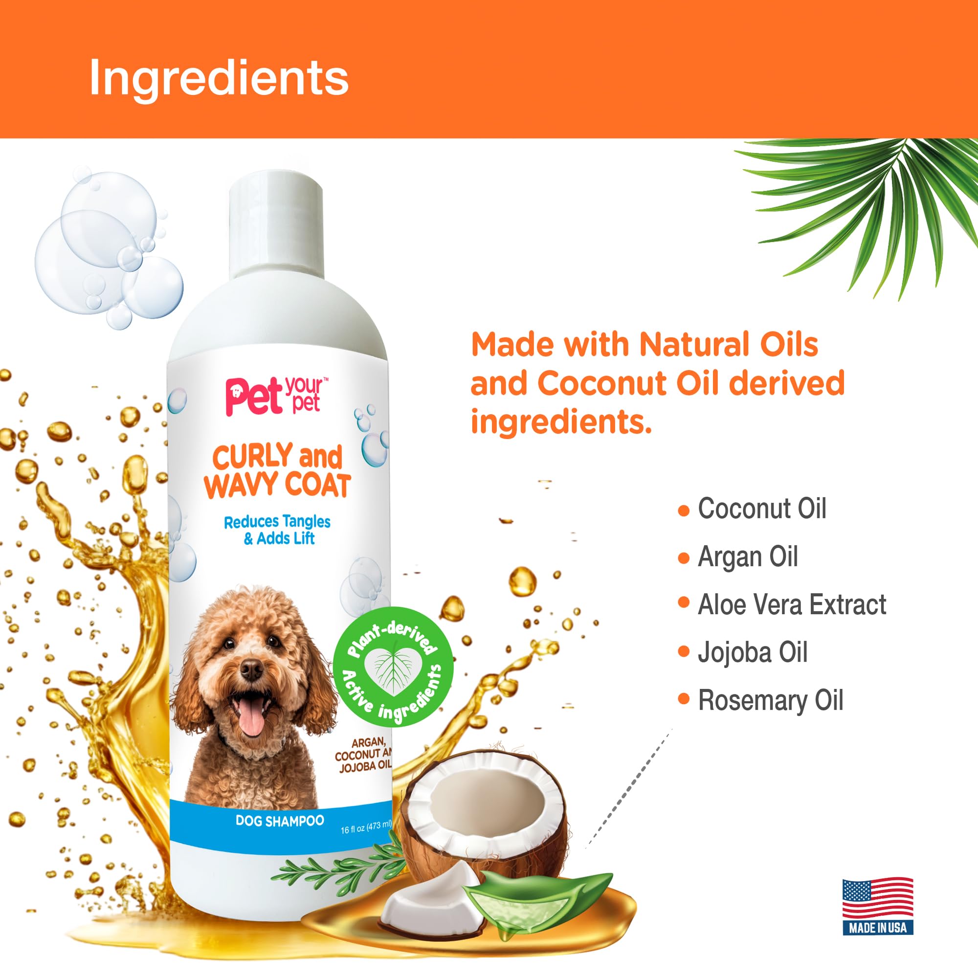 Pet Your Pet Natural Dog Shampoo For Curly & Wavy Coats - Hydrating & Tangle-Reducing Wash With Argan, Coconut & Jojoba Oils - D