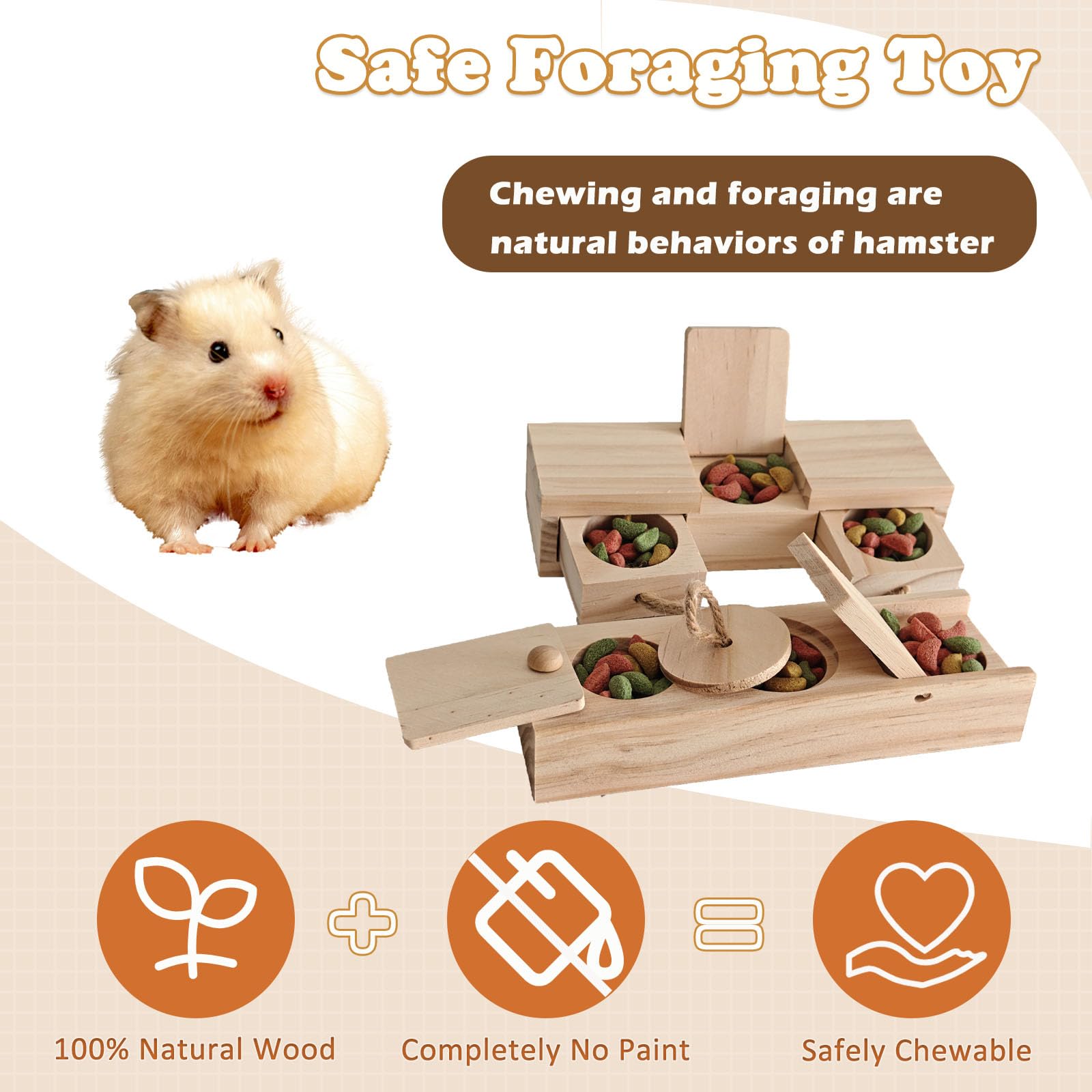 JINYOND 2 PCS Wooden Foraging Toys for Guinea Pigs Hamsters Chinchillas Natural Pinewood Puzzle Feeder with Drawers & Ropes Smal