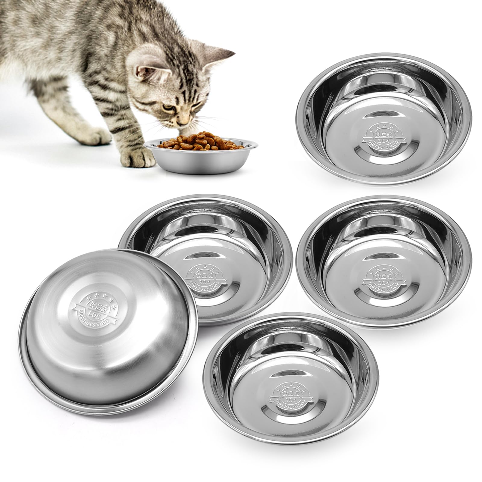 5 PCS Stainless Steel Cat Bowl-Shallow Wide Flat Cats Food Bowls,Metal Kitten Dishes Whisker Friendly Fatigue Relief,Replacement