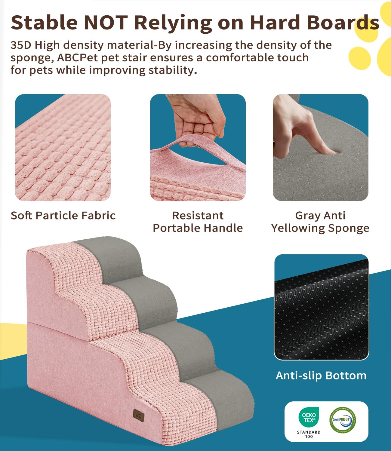 ABCPET Dog Step for Bed, Dog Stair 4-Step 35D Pet Stair 19.7 H for High Bed or Sofa Non-Slip Balanced Pet Step Indoor, Pink