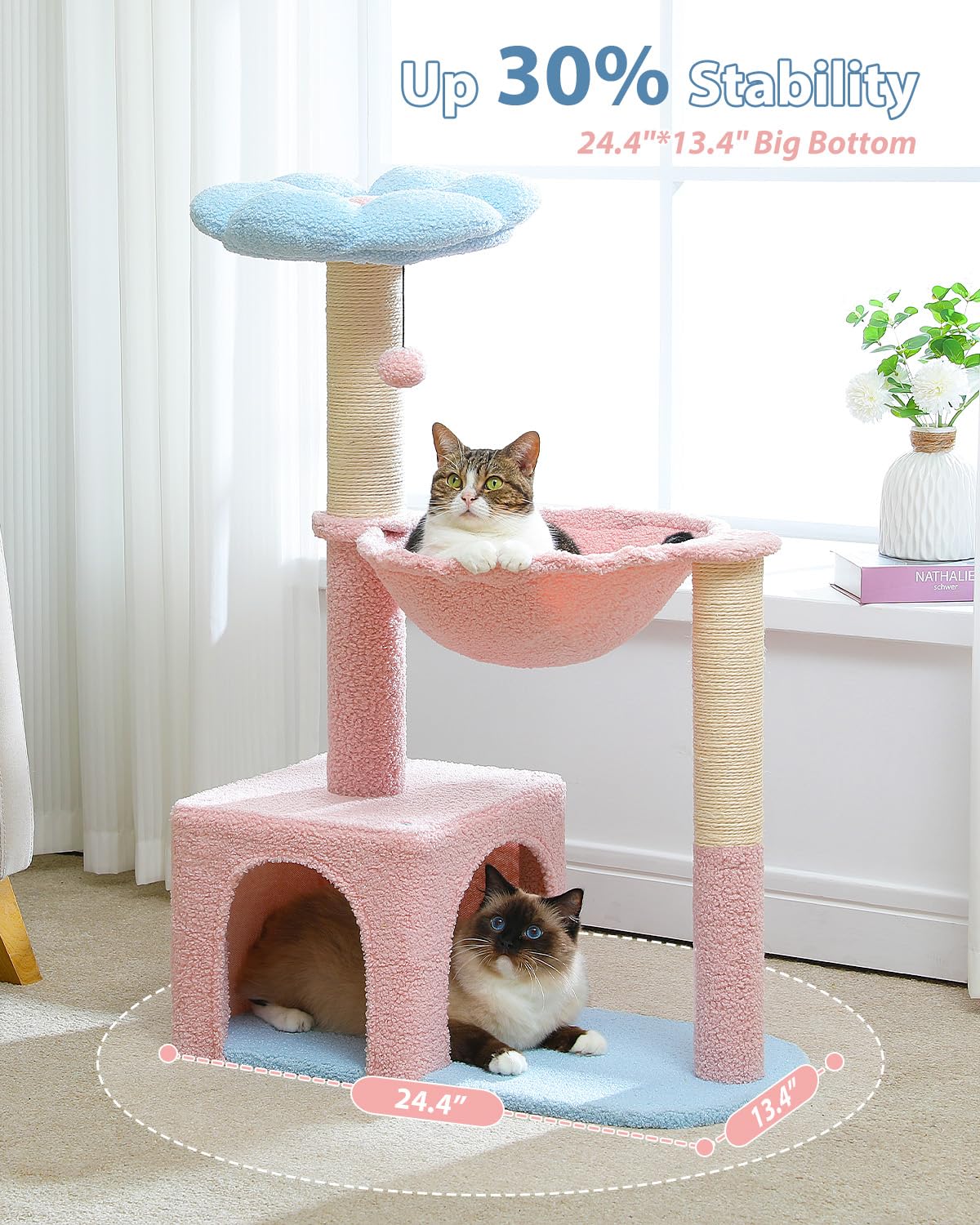 Muttros Flower Cat Tree With Large Metal Frame Hammock, 35' Pink Cat Tower With Sisal Scratching Posts For Small Indoor Cats, Cat Condo With Blue Top Perch For Kittens, Fluffy Ball, Pink