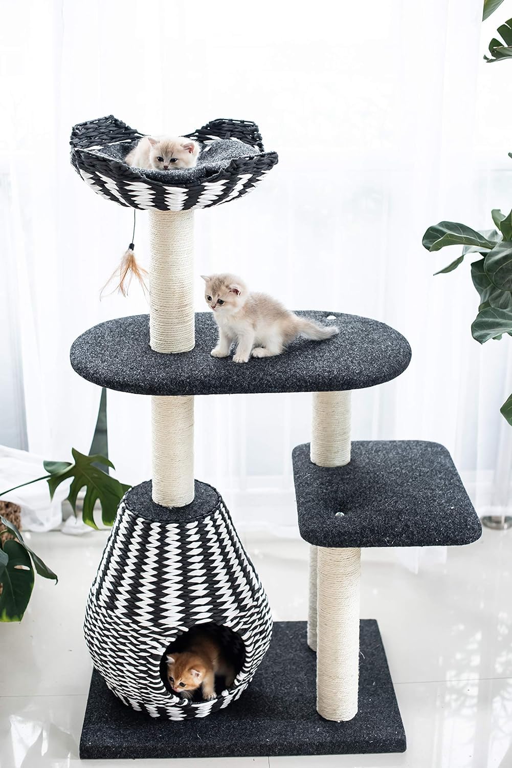 PetPals Cat Tree Royal - 3 Level, Jet Black & Porcelain White, 27x19x49", Durable Paper, Model PP2582-ROCKY, Fun Toy Included