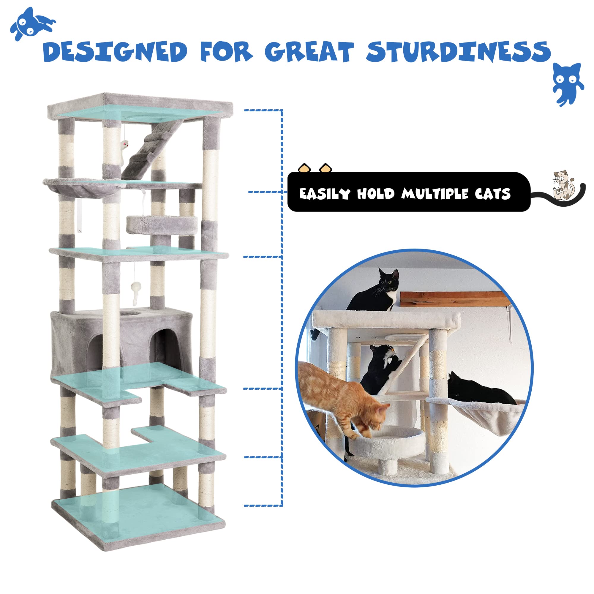 MWPO Large Cat Tree - Tall Cat Tower with Scratching Posts & Condo, Light Gray, Model US-63-EAA, Ideal Playground for Cats & Kittens