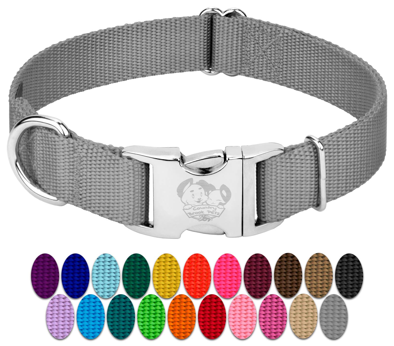 Country Brook Design - Vibrant 30+ Color Selection - Premium Nylon Dog Collar With Metal Buckle (Extra Large, 1 Inch, Silver)