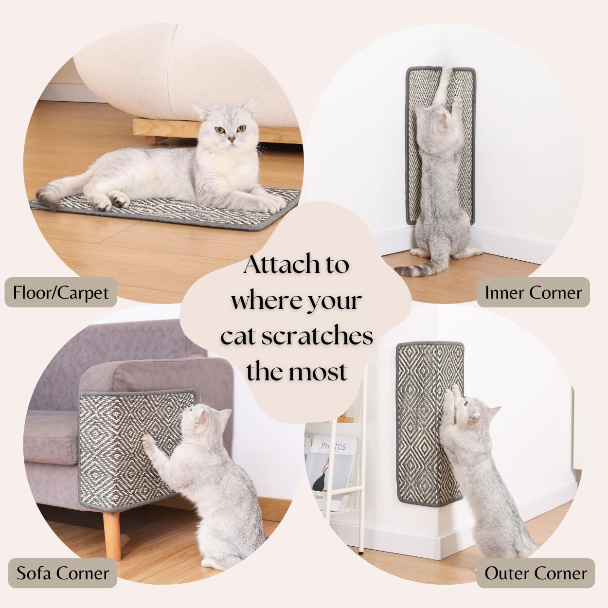 Furrther Boho Sisal Cat Scratcher Mat With Adhesive Strips (Scratch Protector For Carpet, Sofa, Wall, Corner Furniture), Durable