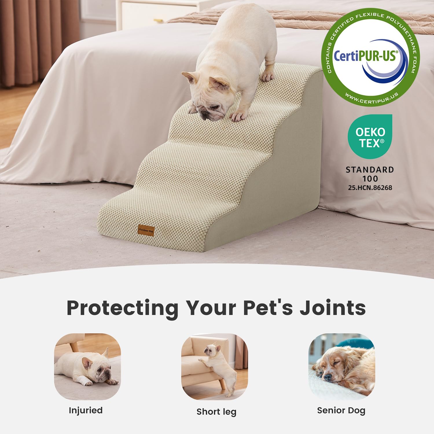 Gardner Pet Dog Stairs for Small Dogs 19.7 H, 4-Step Beige Curved Pet Stairs, Dog Steps for High Bed (18-24 in), Couch with Dura
