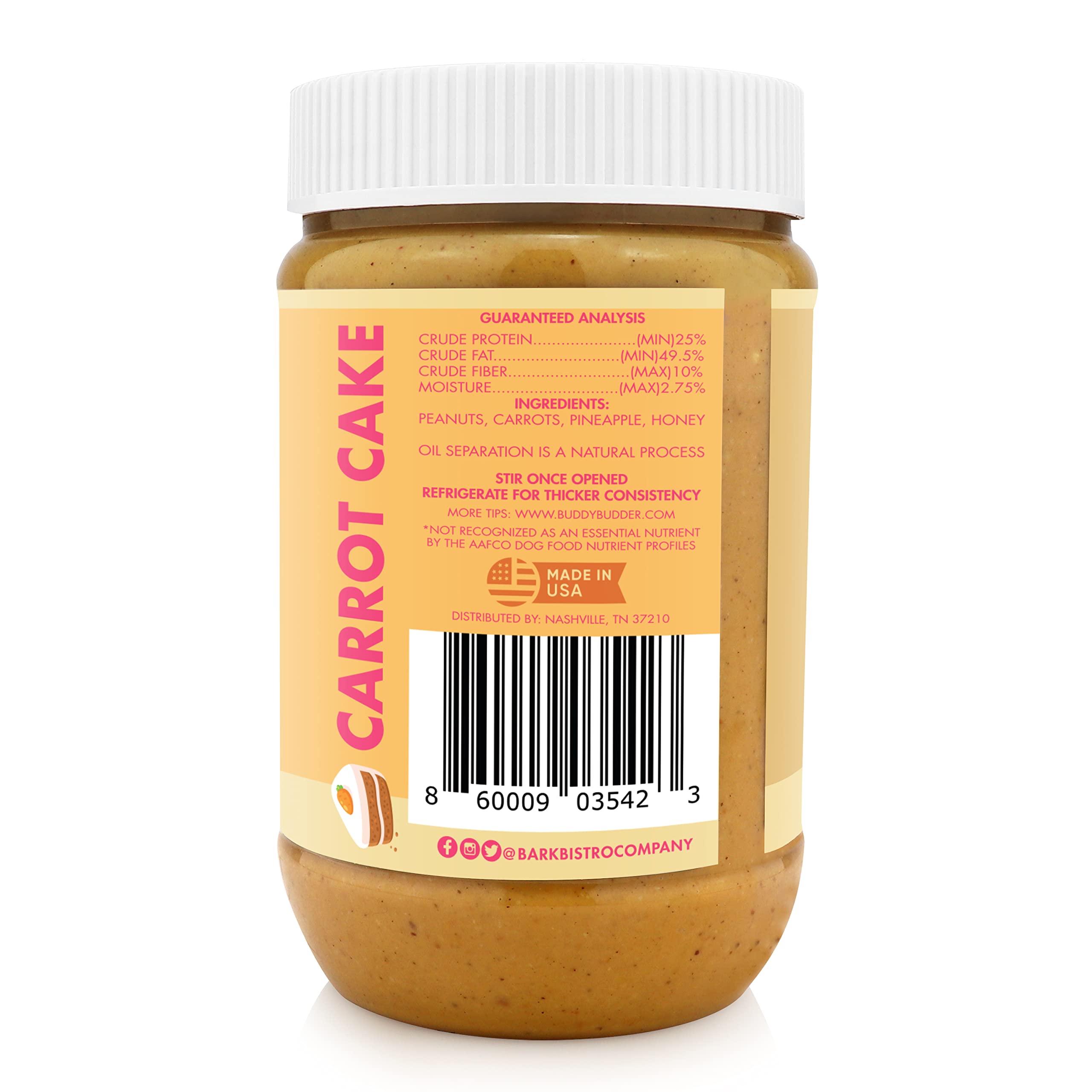 BUDDY BUDDER Carrot Cake, 100% Natural Healthy Peanut Butter Dog Treats, Stuff in Toy, Dog Pill Pocket, Made in USA, (17 oz Jars